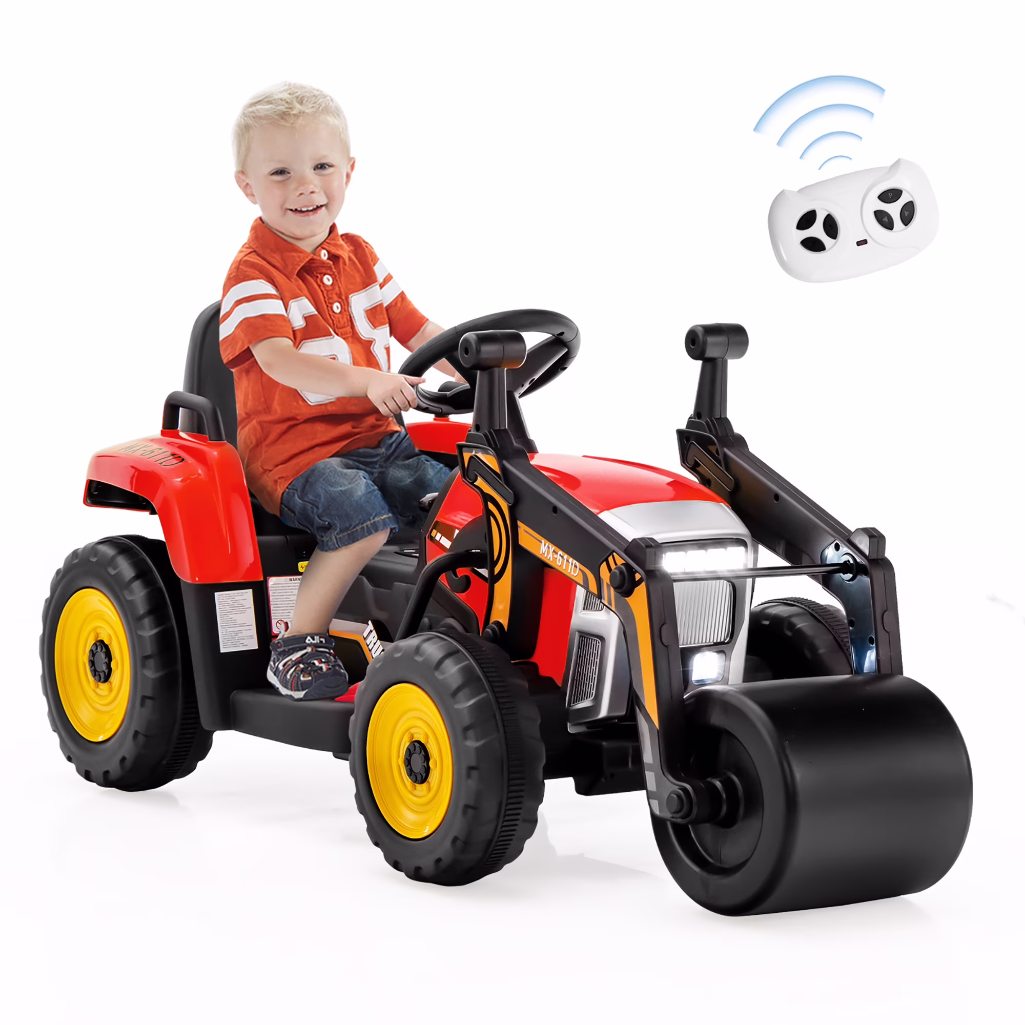 Costway Kids Ride On Roller 12V Electric Tractor Remote w/ Music & LED Light Red - Image 2