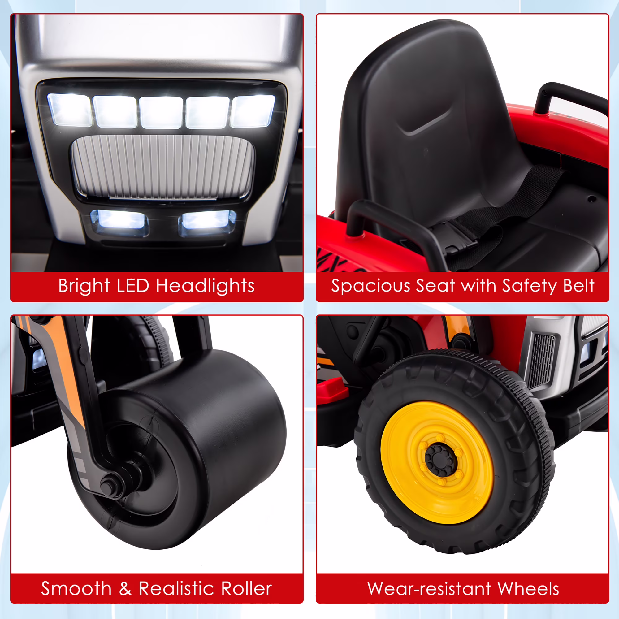 Costway Kids Ride On Roller 12V Electric Tractor Remote w/ Music & LED Light Red - Image 5
