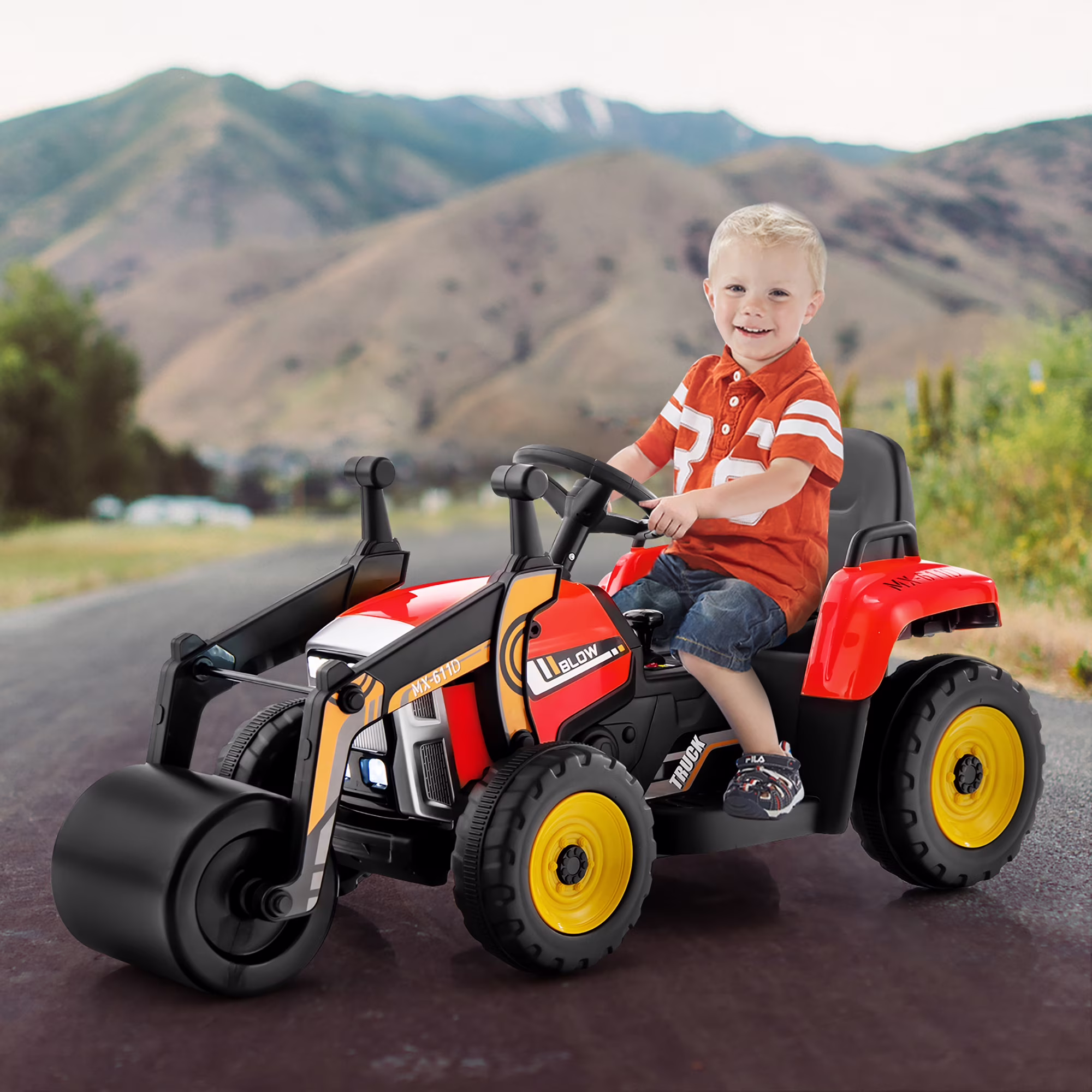 Costway Kids Ride On Roller 12V Electric Tractor Remote w/ Music & LED Light Red - Image 3
