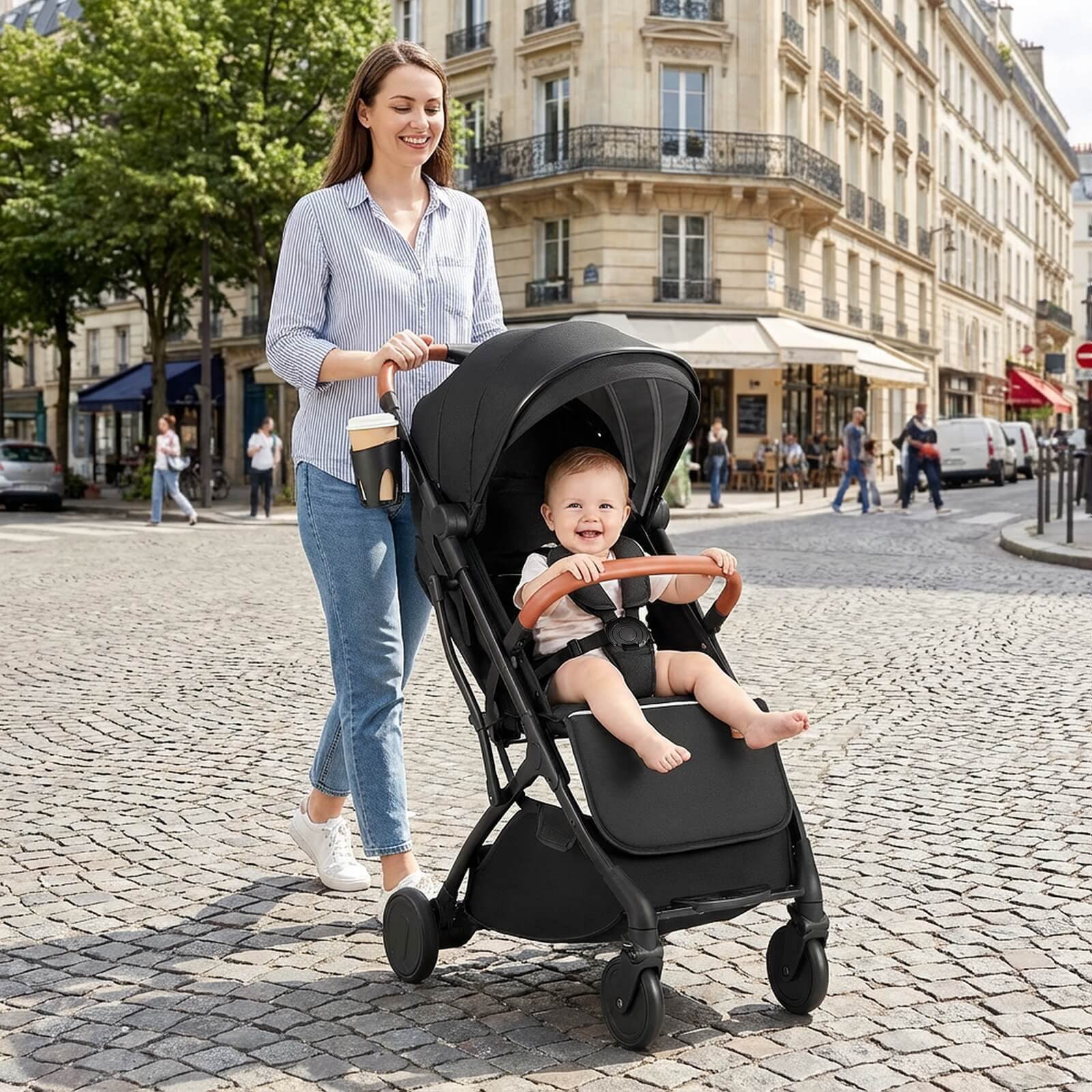 Costway Lightweight Baby Stroller with One-Hand Folding, Extendable Canopy, Storage Baske Black - Image 4