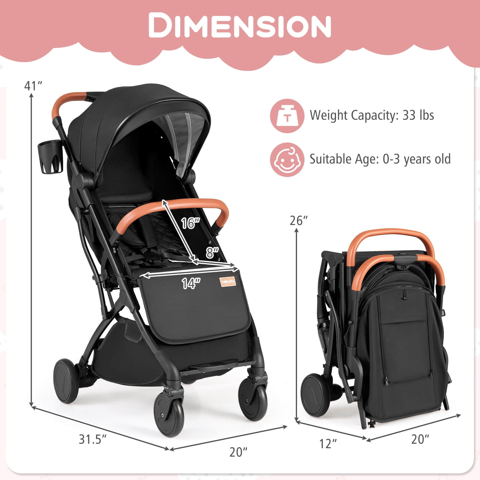 Costway Lightweight Baby Stroller with One-Hand Folding, Extendable Canopy, Storage Baske Black - Image 3