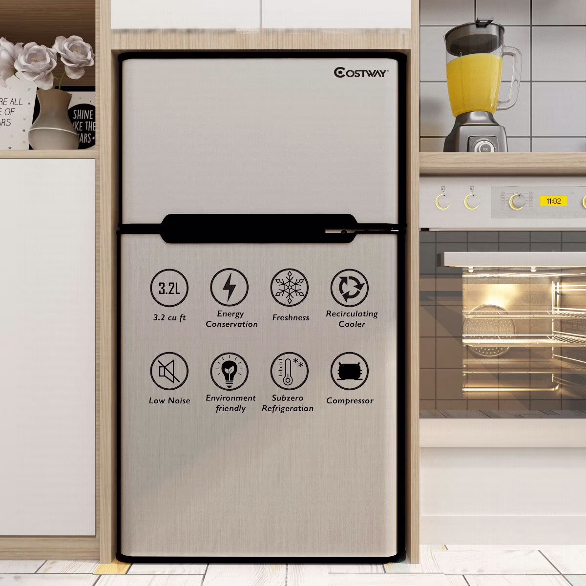 Costway Refrigerator Small Freezer Cooler Fridge Compact 3.2 cu ft. Unit, Grey - Image 3