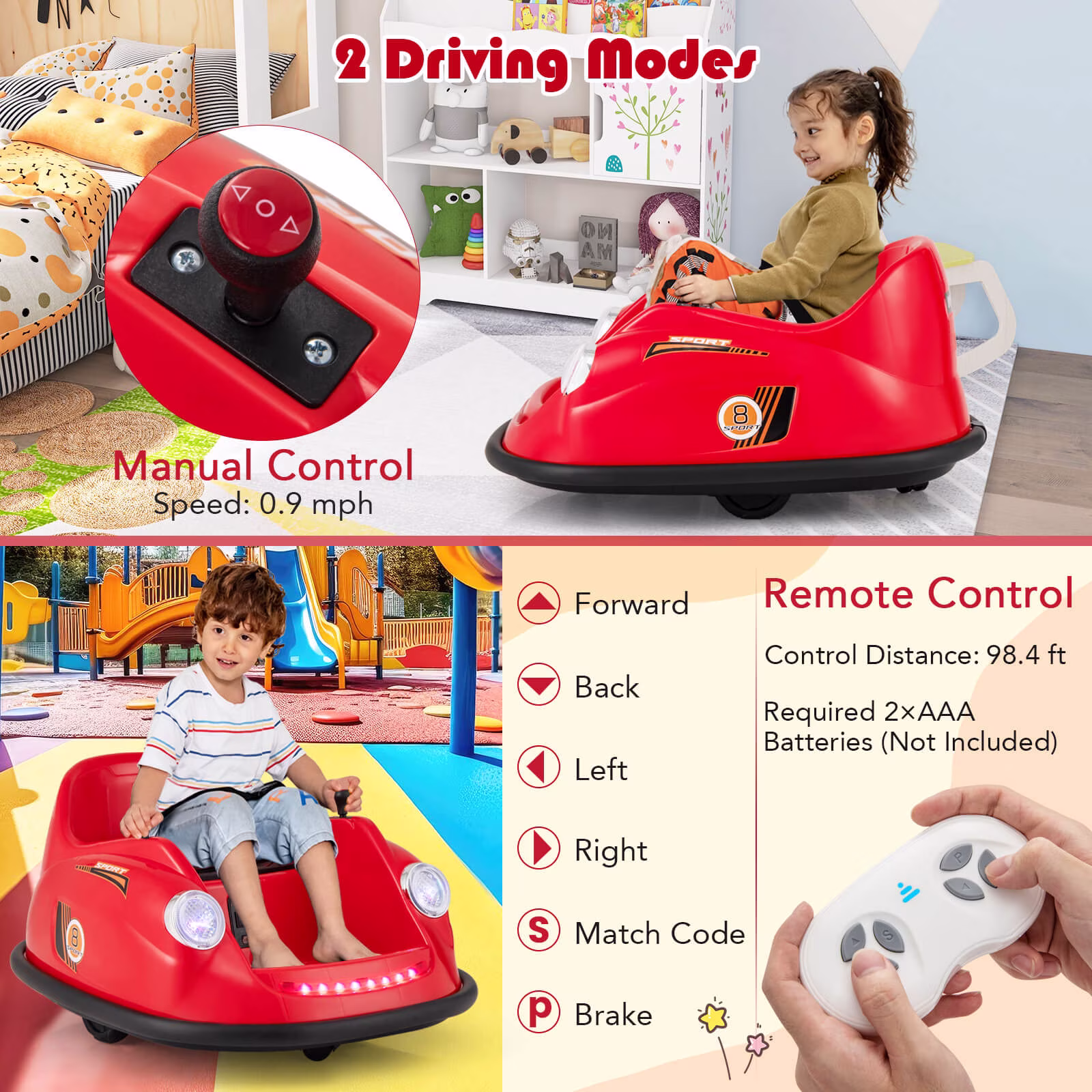 Costway Ride on Bumper Car for Kids with Remote Control 360 Degree Spin LED Light Red - Image 2