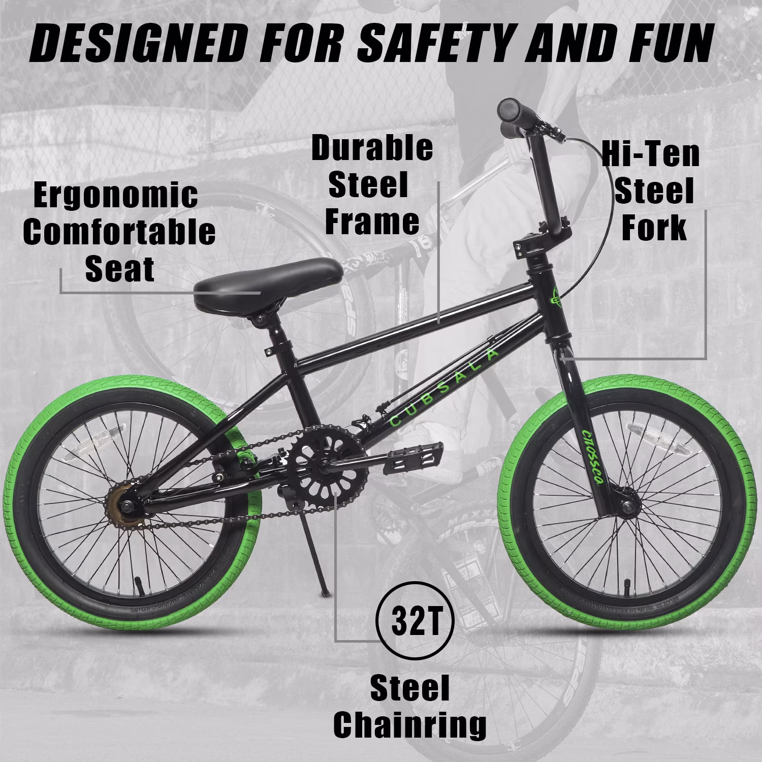Cubsala Crossea 20 in Freestyle BMX Kids Bike for Age 6-14 Years Old Boys Girls, Black & Green - Image 2