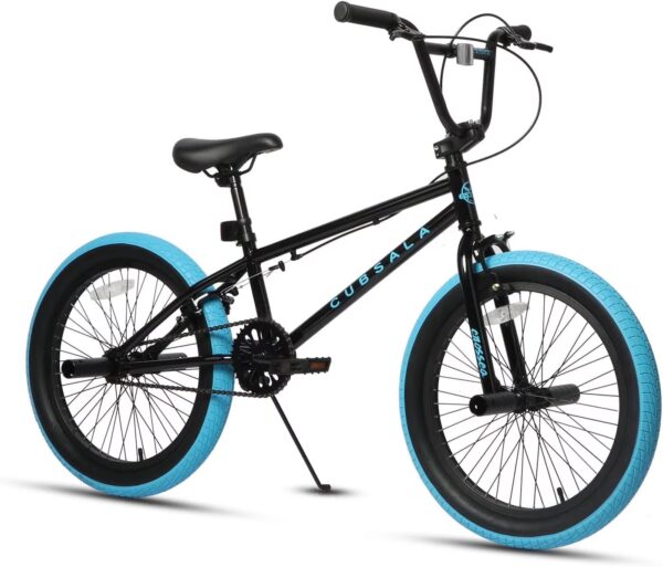 Cubsala Crossea 20 in Kids Freestyle BMX Bike for Age 7-13 Years Old Boys Girls with 4 Pegs,Black with Blue Tires