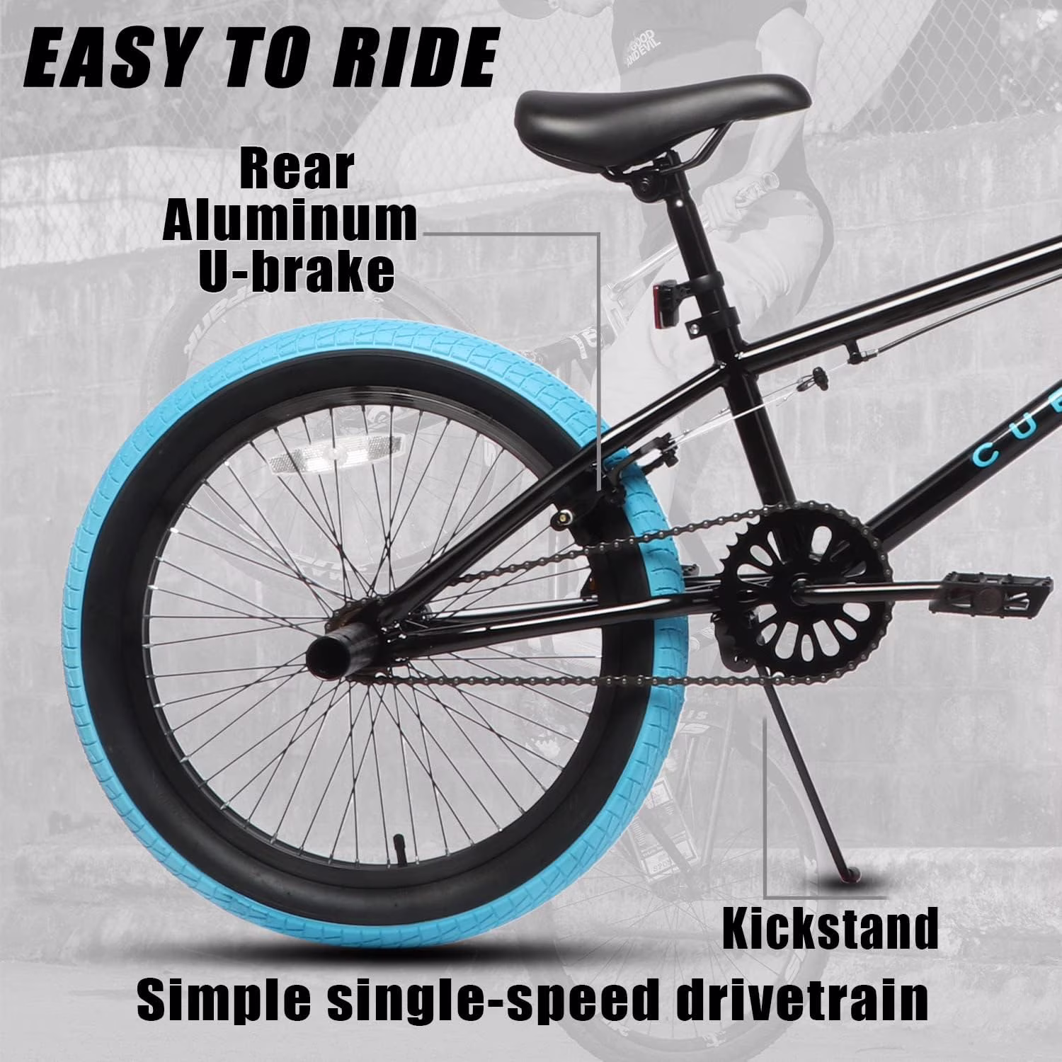 Cubsala Crossea 20 in Kids Freestyle BMX Bike for Age 7-13 Years Old Boys Girls with 4 Pegs,Black with Blue Tires - Image 2
