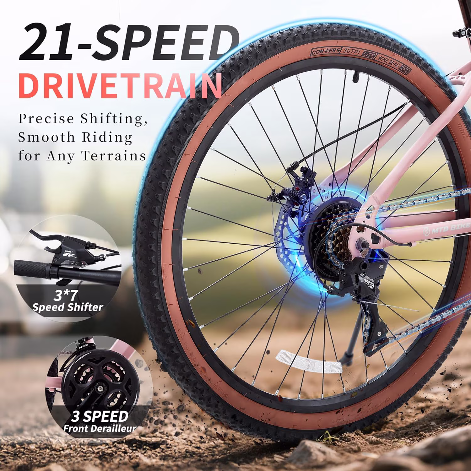 Cuoote Bicycle, 20" Mountain Bike 21-Speed with Dual Disc Brakes, Suspension Fork, Internal Cable Routing, 2.125" Tires, Ergonomic Grips - Image 4