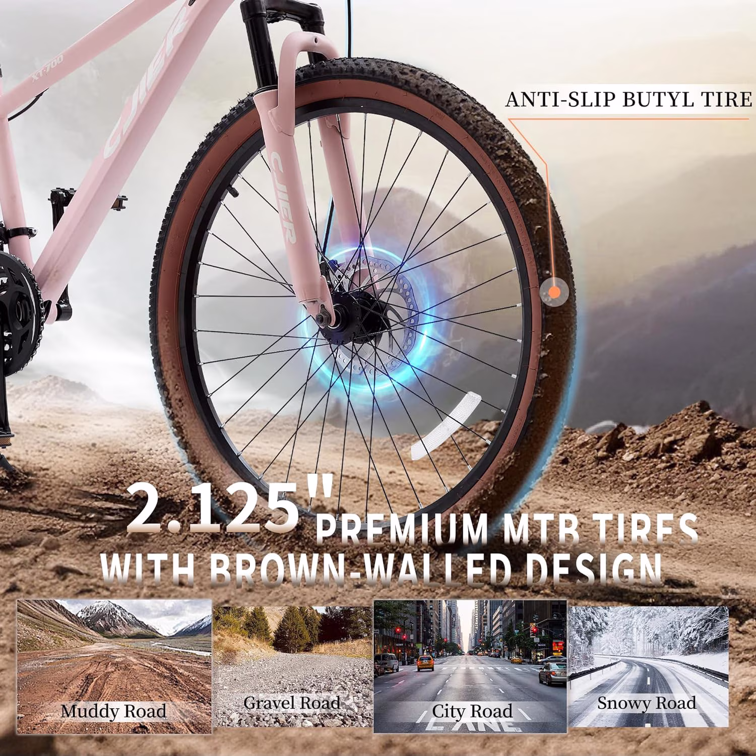 Cuoote Bicycle, 20" Mountain Bike 21-Speed with Dual Disc Brakes, Suspension Fork, Internal Cable Routing, 2.125" Tires, Ergonomic Grips - Image 3