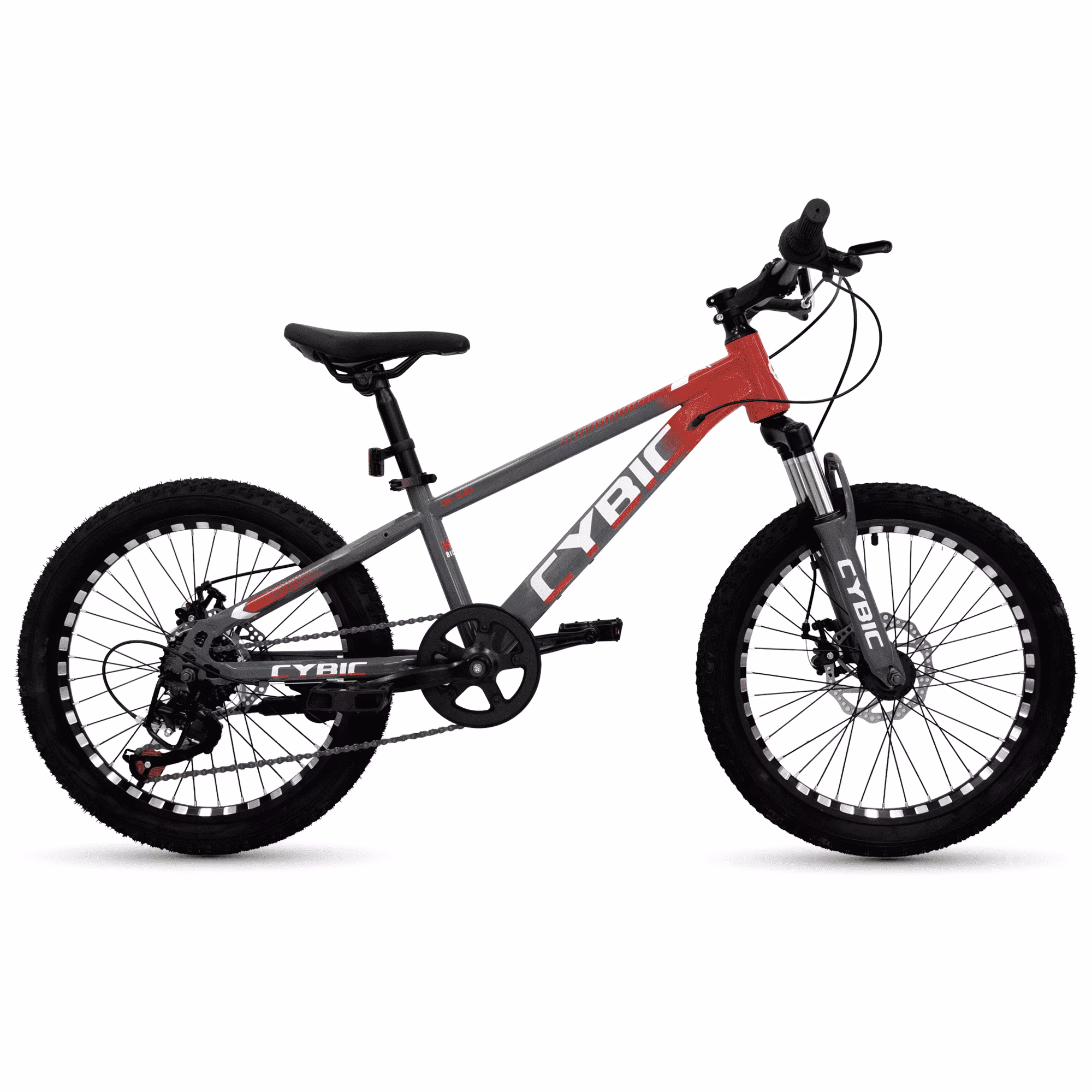 Cybic 20 inch Kids Mountain Bike for Boys & Girls, 7-Speed MTB Bicycle with Front Suspension, Dual Disc Brakes & Twist Shifter, Gray Red
