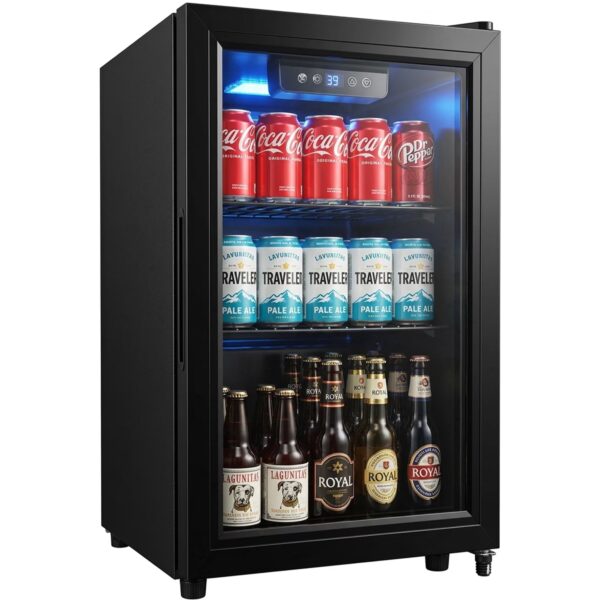 Dawmilon 1.8 Cu Ft Beverage Refrigerator, 70 Can Mini Fridge with Glass Door, Digital Temperature Control, Adjustable Shelves, Quiet Cooler for Beer Soda Wine, Office Dorm