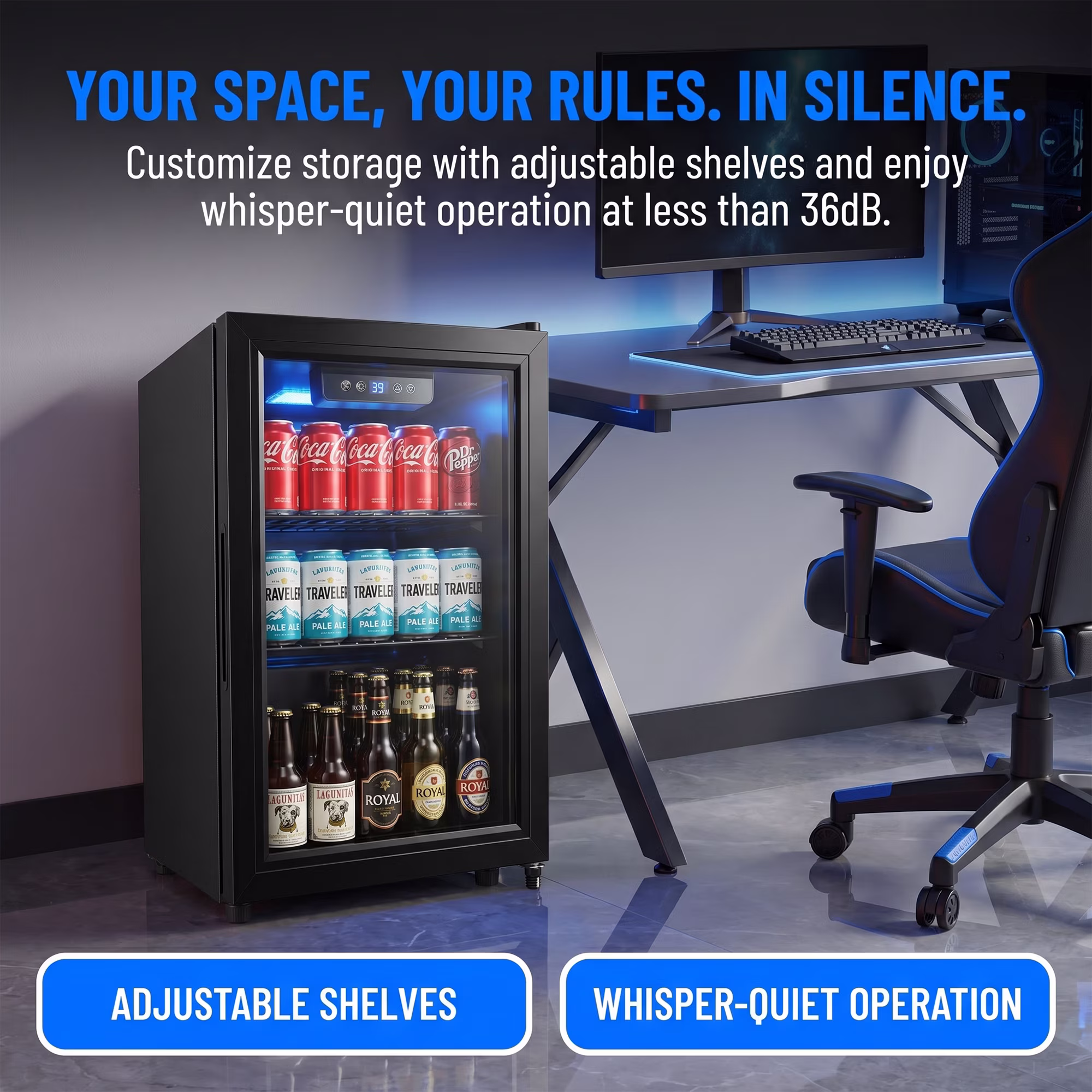 Dawmilon 1.8 Cu Ft Beverage Refrigerator, 70 Can Mini Fridge with Glass Door, Digital Temperature Control, Adjustable Shelves, Quiet Cooler for Beer Soda Wine, Office Dorm - Image 2
