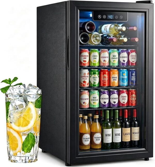 Dawmilon 3.2 Cu. ft Mini Fridge with Glass Door, Beverage Refrigerator Cooler with Touch Temperature Control Panel for Soda, Drinks, and Wine
