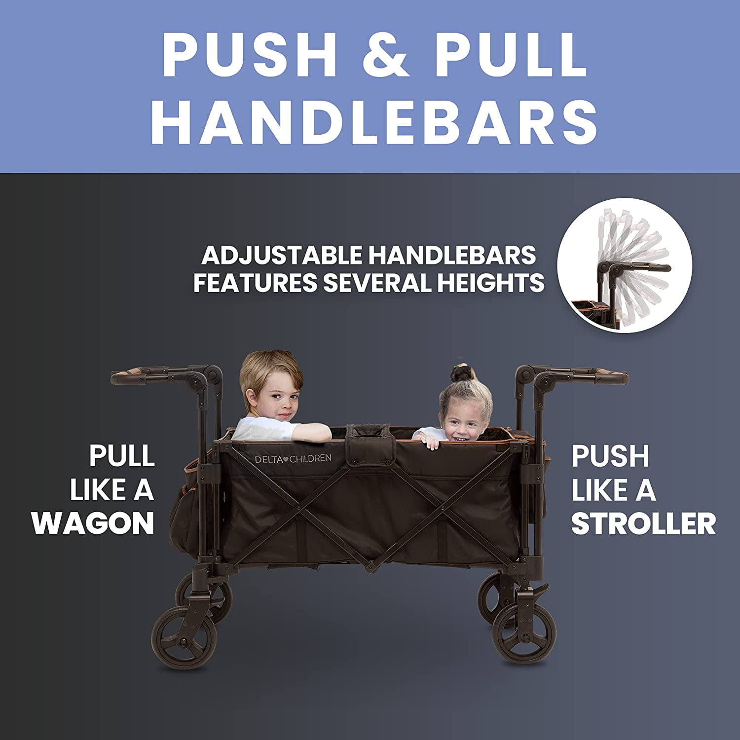 Delta Children Hercules Stroller Wagon for 2 Kids Versatile Stroller Wagon with Canopy, Push/Pull Handles, Cup Holders and Storage Pockets Compact Fold is Great for Travel, Black - Image 5