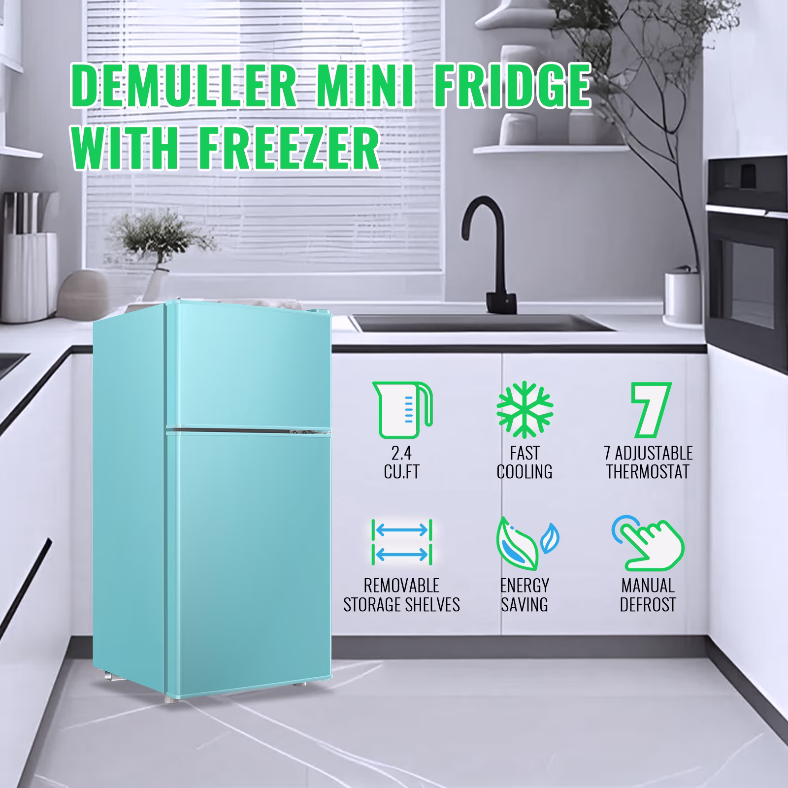 DEMULLER 2.4 Cu.ft Mini Refrigerator Small Fridge with Freezer Dual Door Compact Fridge New Blue - Image 3
