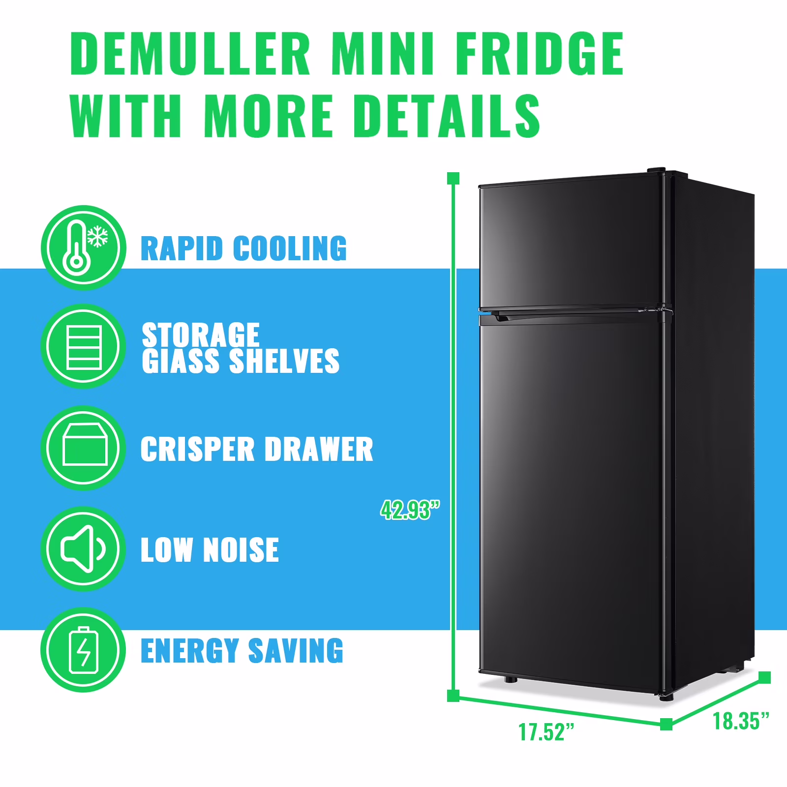 DEMULLER 4.6 Cu.ft Small Refrigerator Mini Fridge with Double Door 3 Removable Glass Shelves Black - Image 2