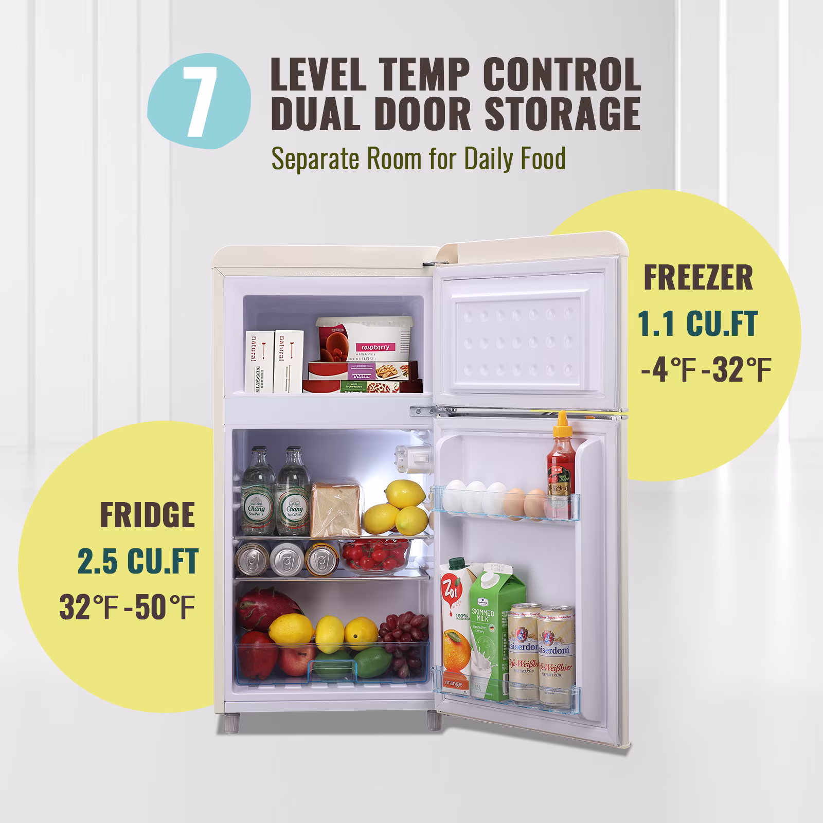 DEMULLER Retro Small Refrigerator with Freezer Mini Fridge 7 Modes Temperture Setting Cream White - Image 4