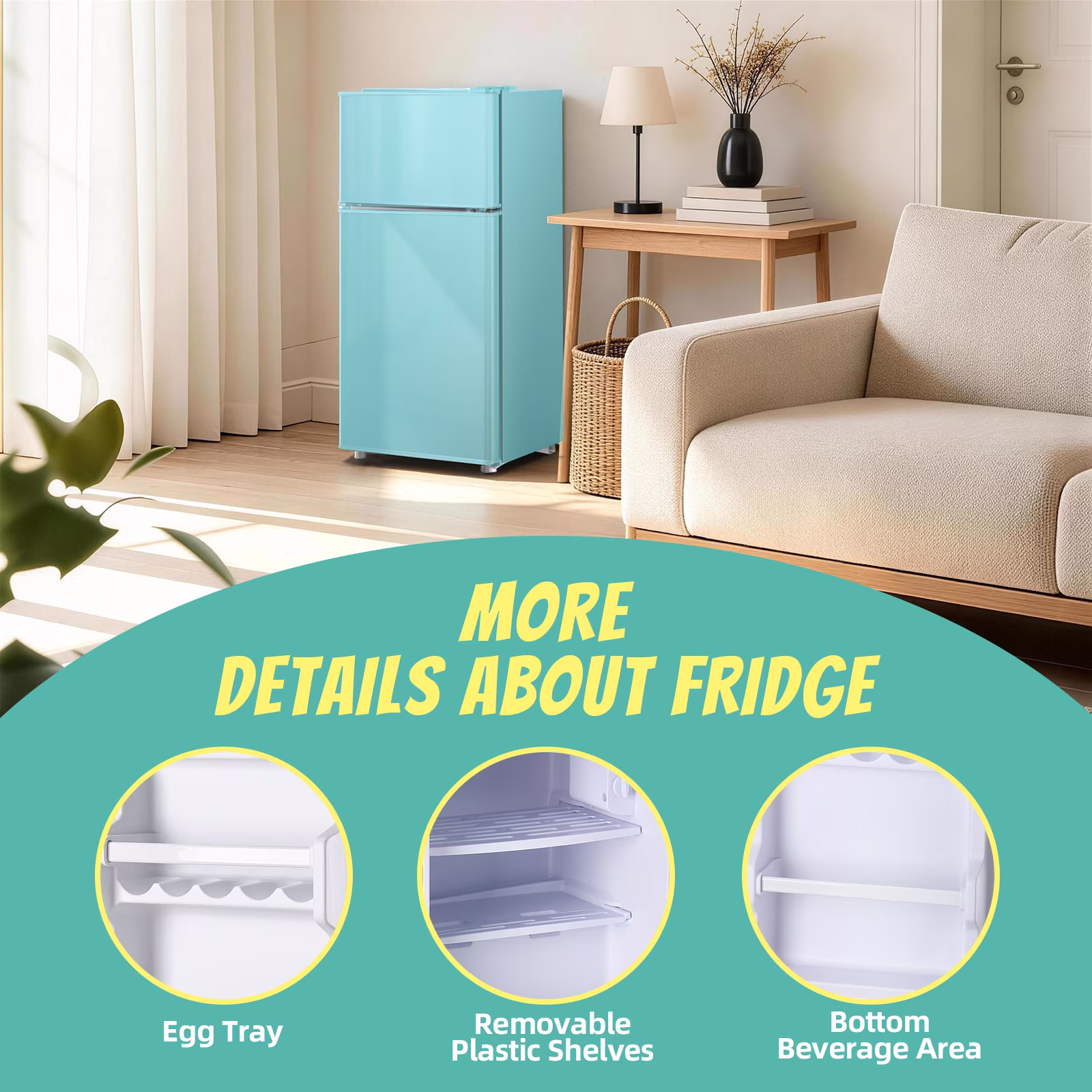 DEMULLER Small Refrigerator with Freezer 48L Blue Mini Refrigerators Dorm Fridge Removable Shelves - Image 3
