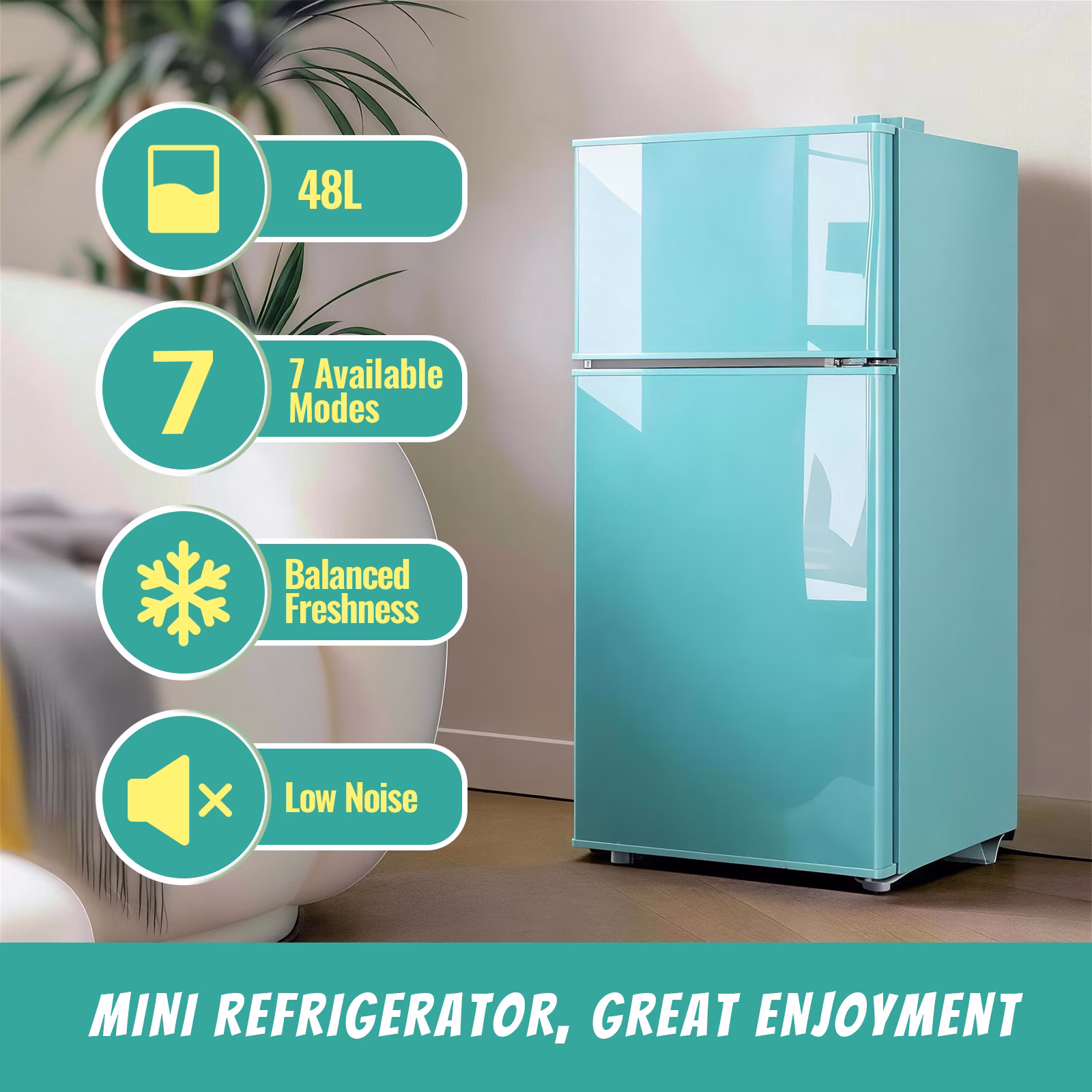 DEMULLER Small Refrigerator with Freezer 48L Blue Mini Refrigerators Dorm Fridge Removable Shelves - Image 2