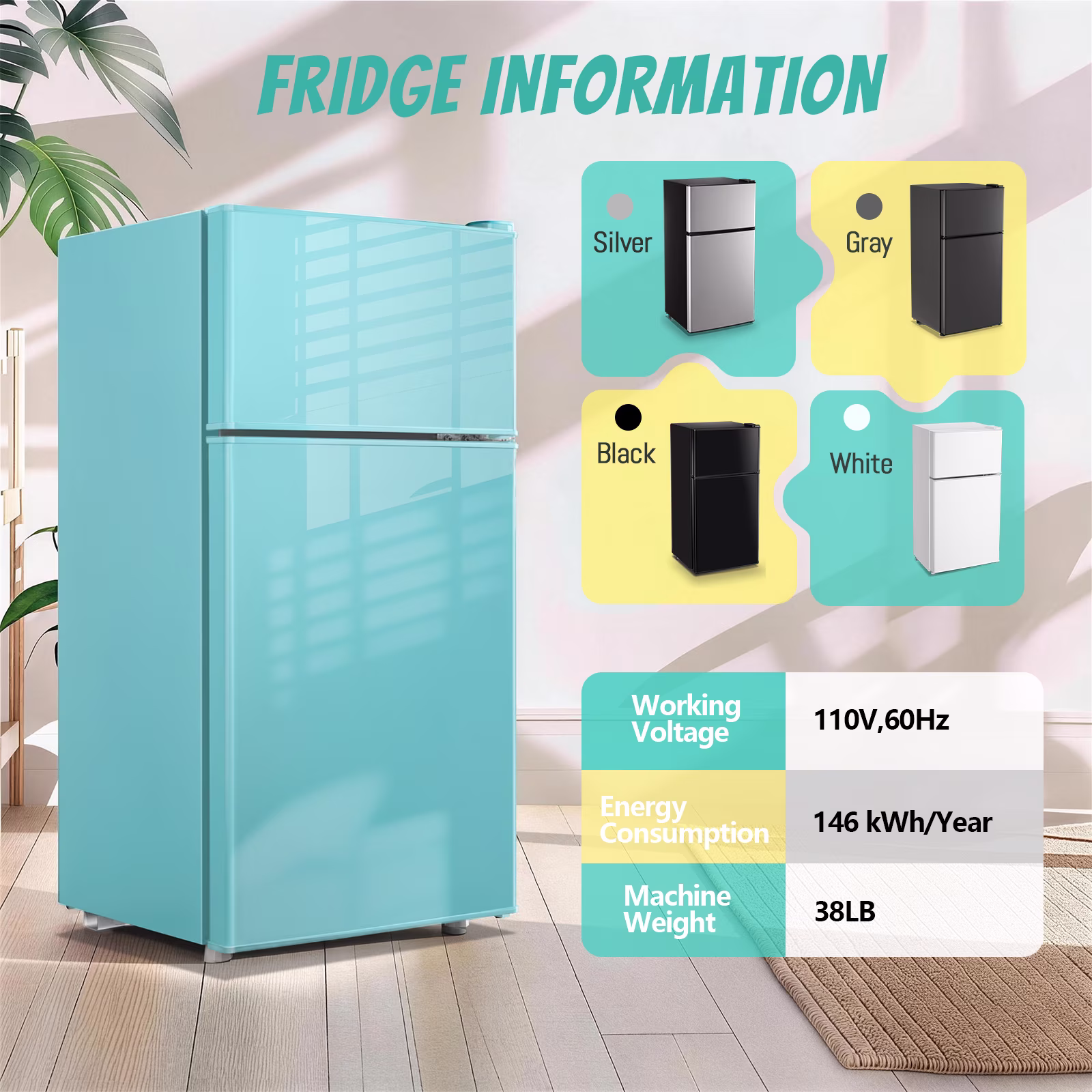 DEMULLER Small Refrigerator with Freezer 48L Blue Mini Refrigerators Dorm Fridge Removable Shelves - Image 5