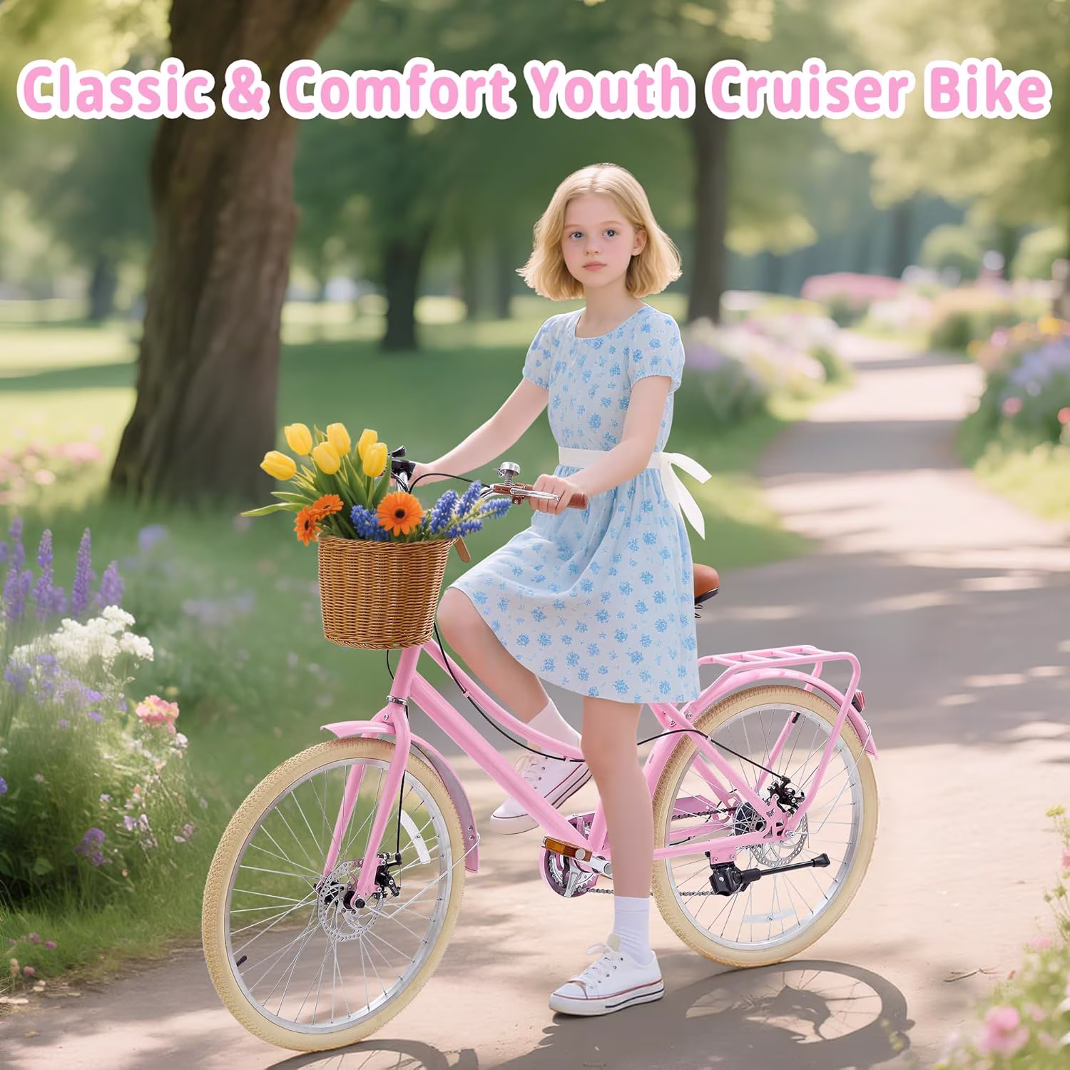 DEYGIA Kids Bike, 20 Inch 7-Speed Retro Cruiser Girl Bike, Kids Bicycles for Ages 6-15 Girls Youth with Rattan Basket, Dual-Disc Brake Carbon Steel Frame Lightweight Bicycle, Easy Assembly - Image 4