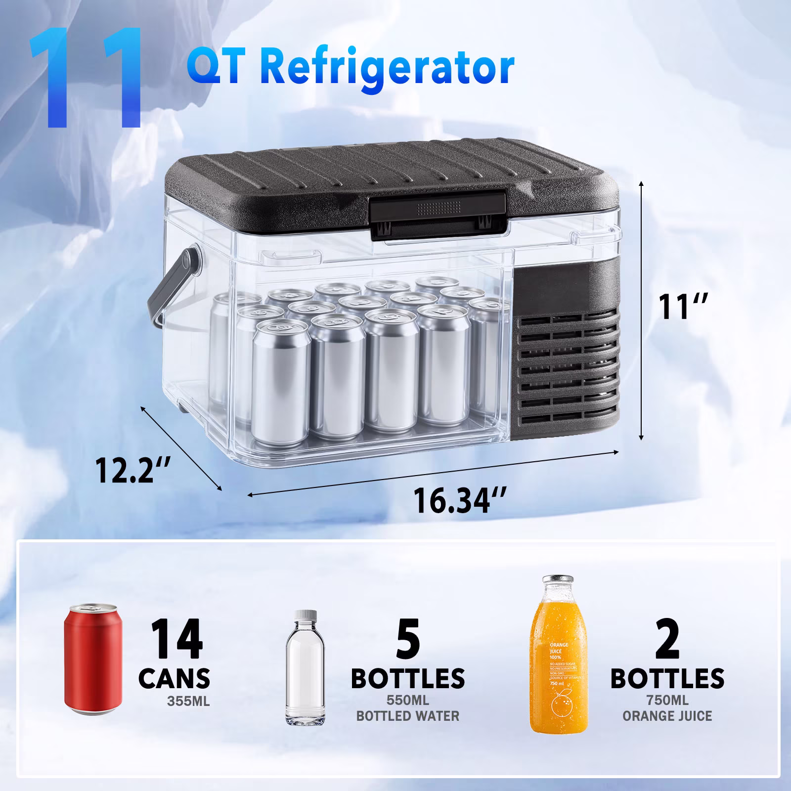Dimedeal 12 V Car Refrigerator, 11QT Portable Electric Cooler, Compressor Fridge with Handle, -4℉-68℉, 12V/24V DC & 110-240V AC, Small Cooler for Truck, RV, Travel, Camping - Image 4