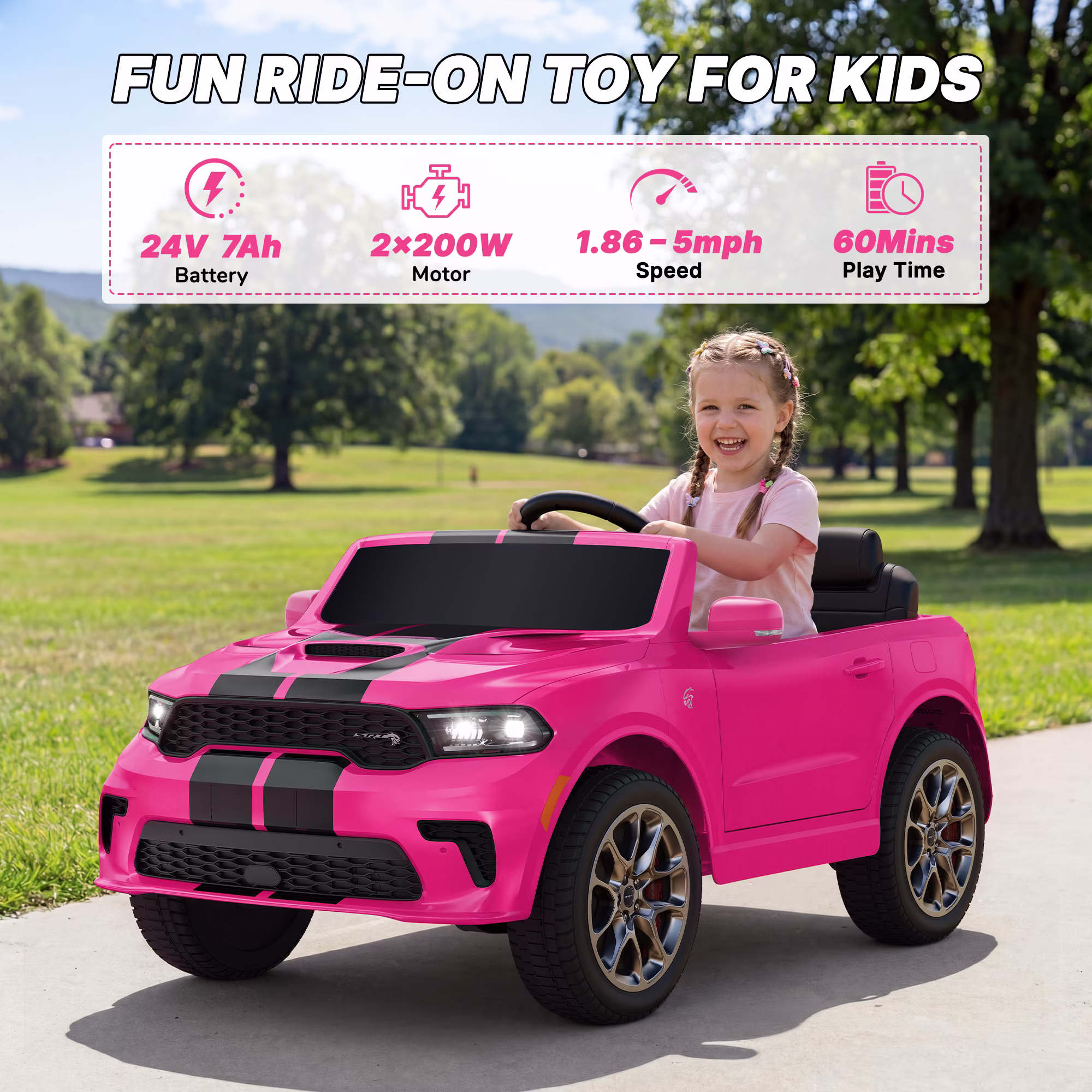 Dodge Electric Ride on Cars for Kids, 24V Licensed Dodge Durango Powered Ride on Toy with Parent Remote Control, Electric Car Vehicle for Girls 3-6 w/Music Player/LED Light/Safety Belt, Pink - Image 5