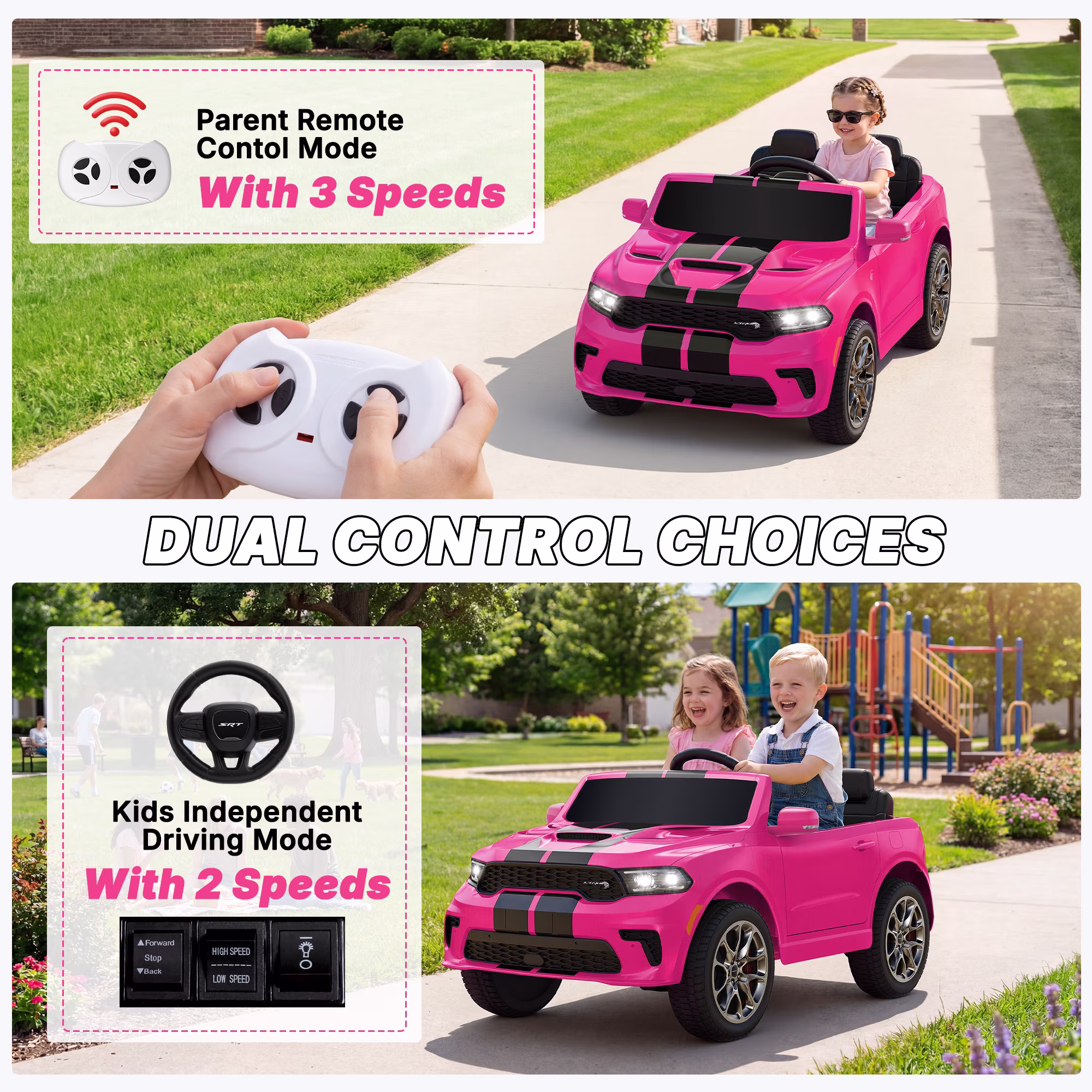 Dodge Electric Ride on Cars for Kids, 24V Licensed Dodge Durango Powered Ride on Toy with Parent Remote Control, Electric Car Vehicle for Girls 3-6 w/Music Player/LED Light/Safety Belt, Pink - Image 4