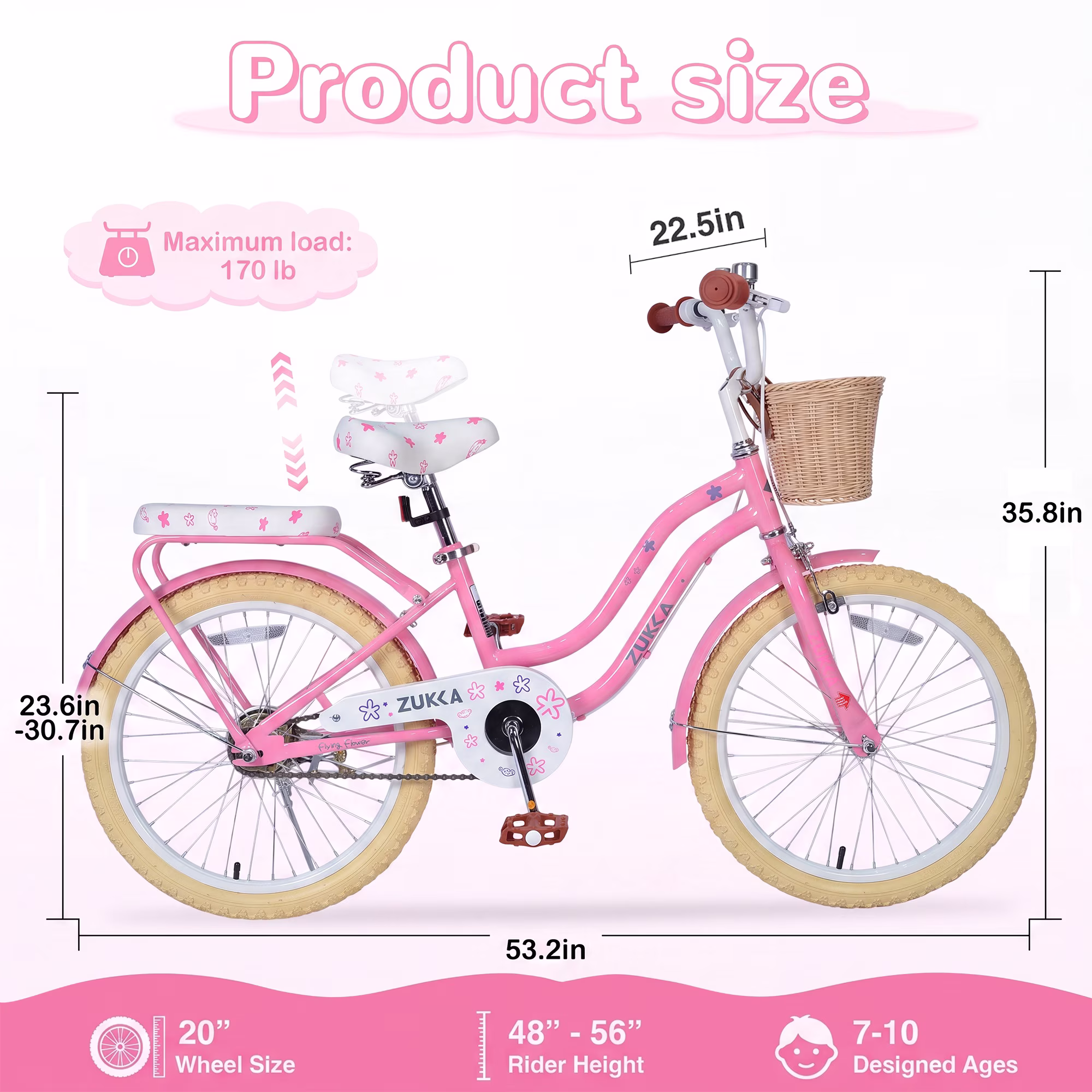 Dolonm 20" Kids Bike for Ages 7-10, Lightweight High-Carbon Steel Frame Cruiser Bike, Girls Bicycle with Wicker Basket & Rear Seat, No Training Wheels, Pink - Image 3