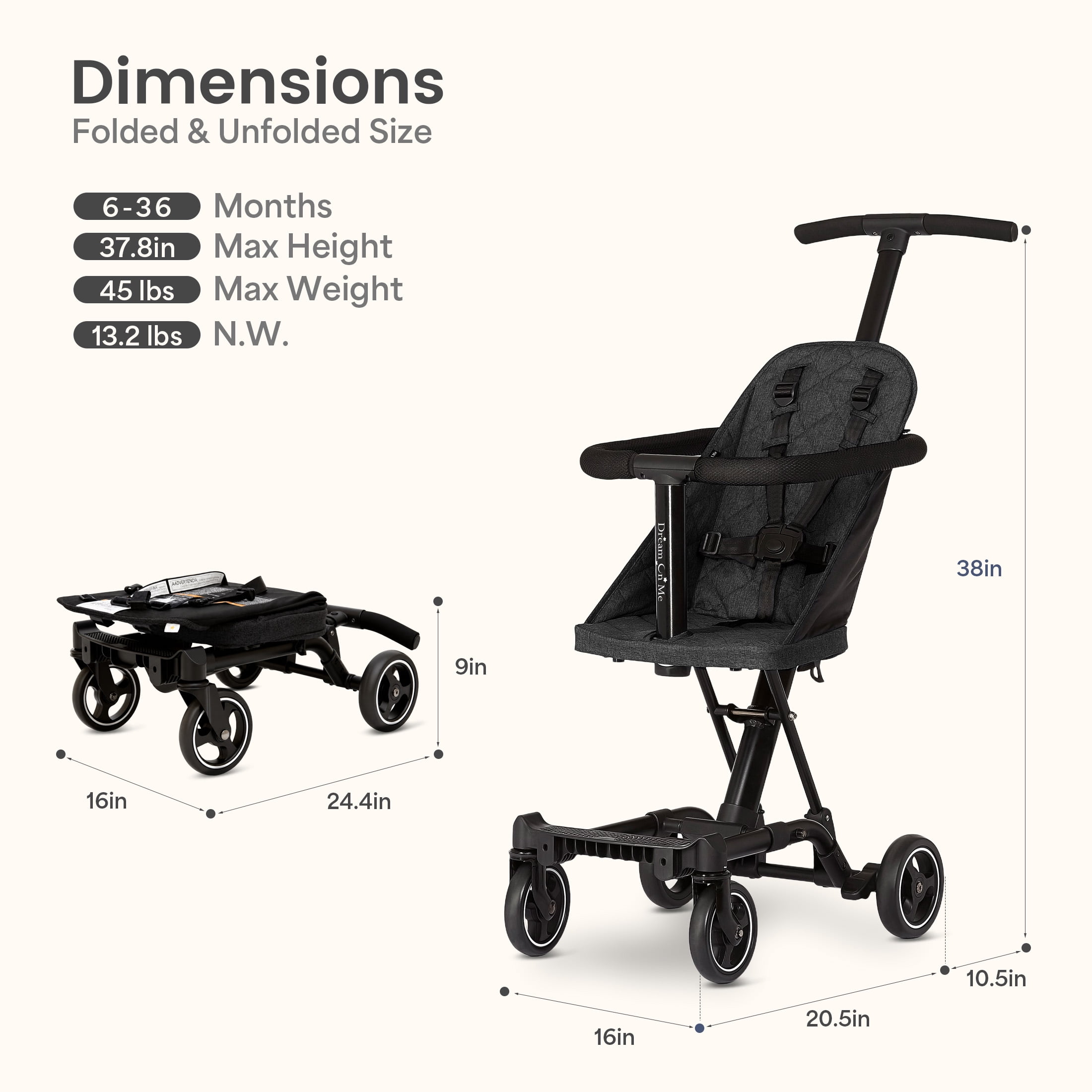 Dream On Me Coast Rider 3-in-1 Lightweight Travel Stroller, Black - Image 2