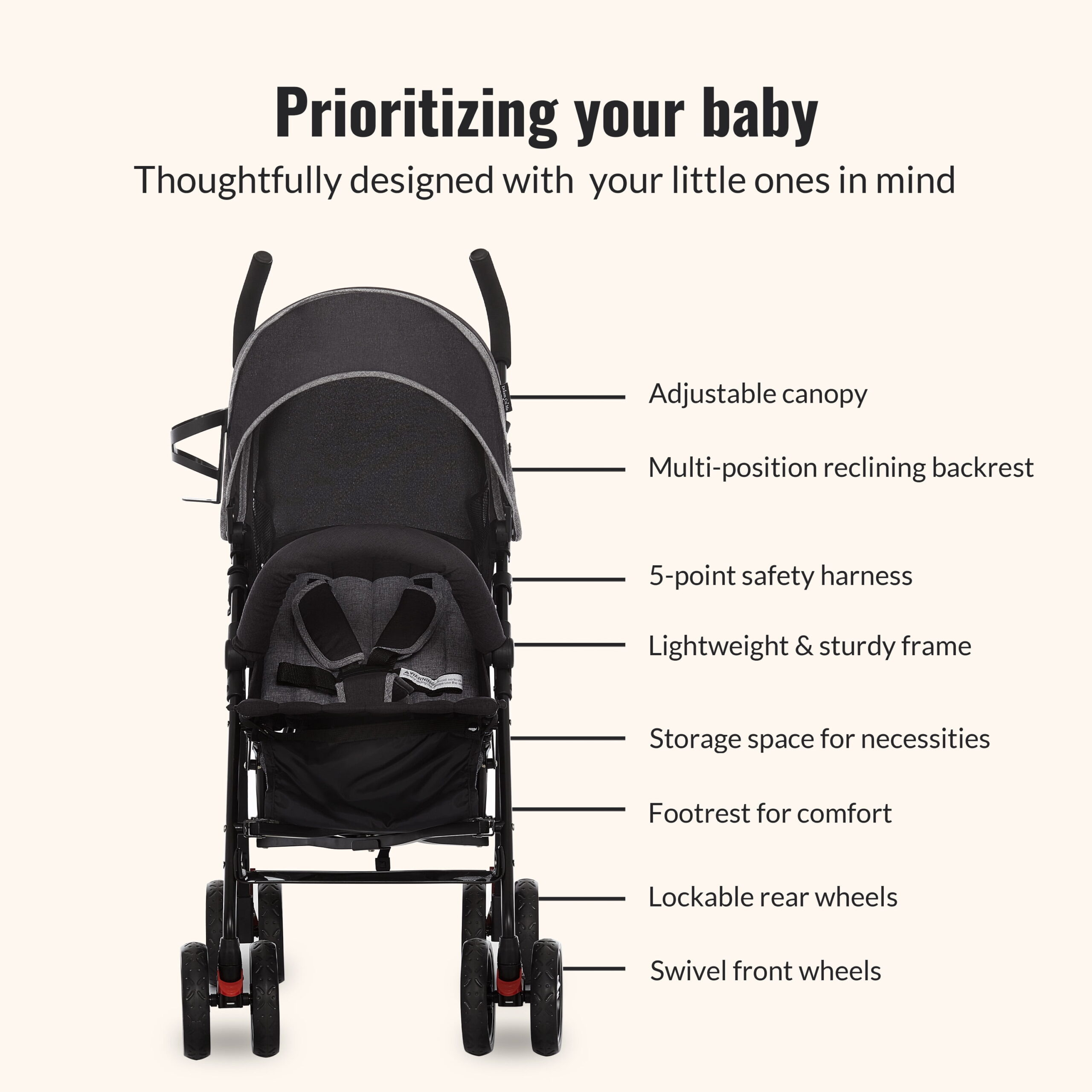 Dream On Me Vista Moonwalk Stroller | Lightweight Infant Stroller with Compact Fold | Multi-Position Recline | Canopy with Sun Visor | Perfect for Traveling and Theme Parks, Black - Image 4