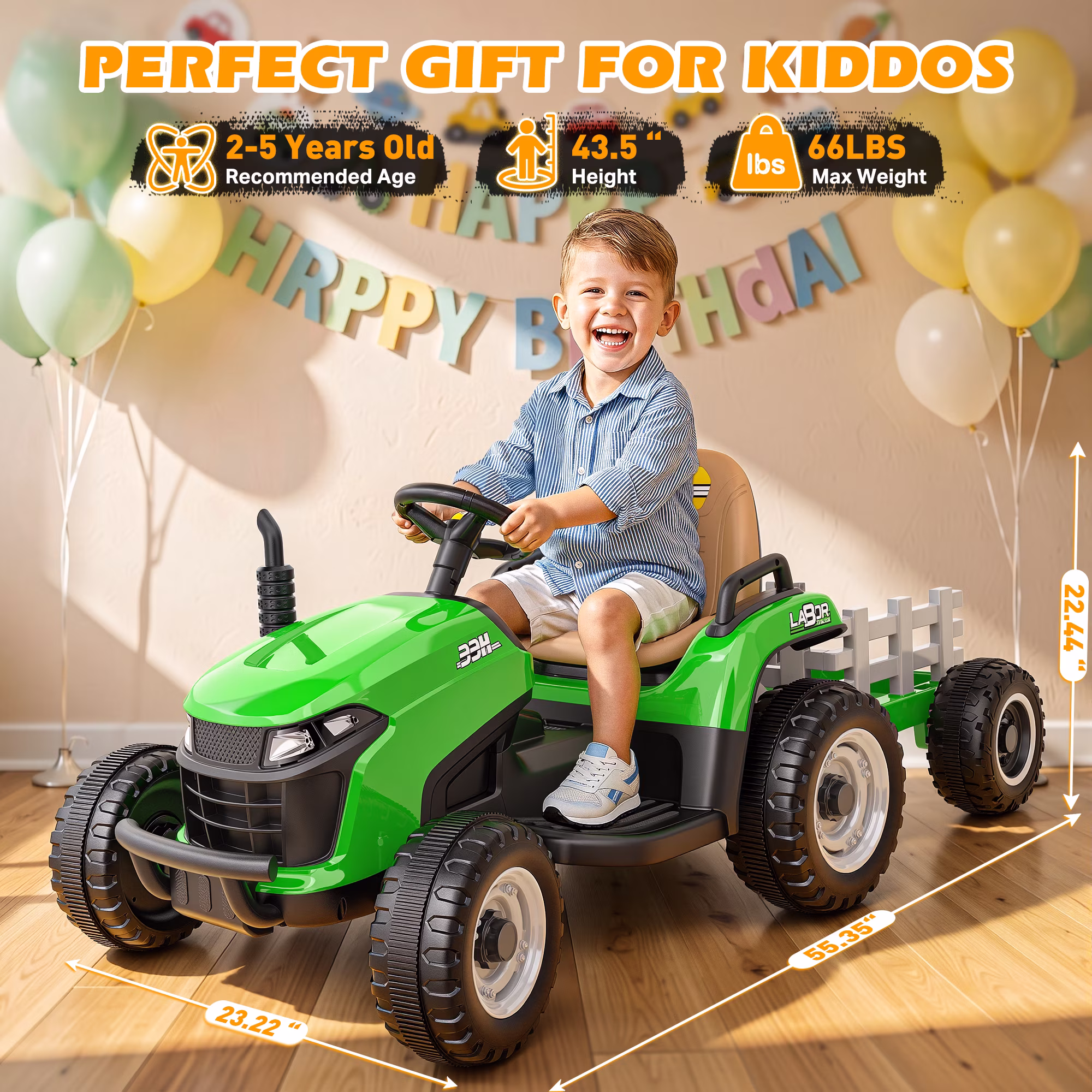 East doll 12V Ride On Tractor with Tiltable & Detachable Trailer, up to 3.3Mph Tractor with Parental Remote, Music Player, Bluetooth& Headlight, Ride On Toy for Kids Ages 2-5Y, Green - Image 3