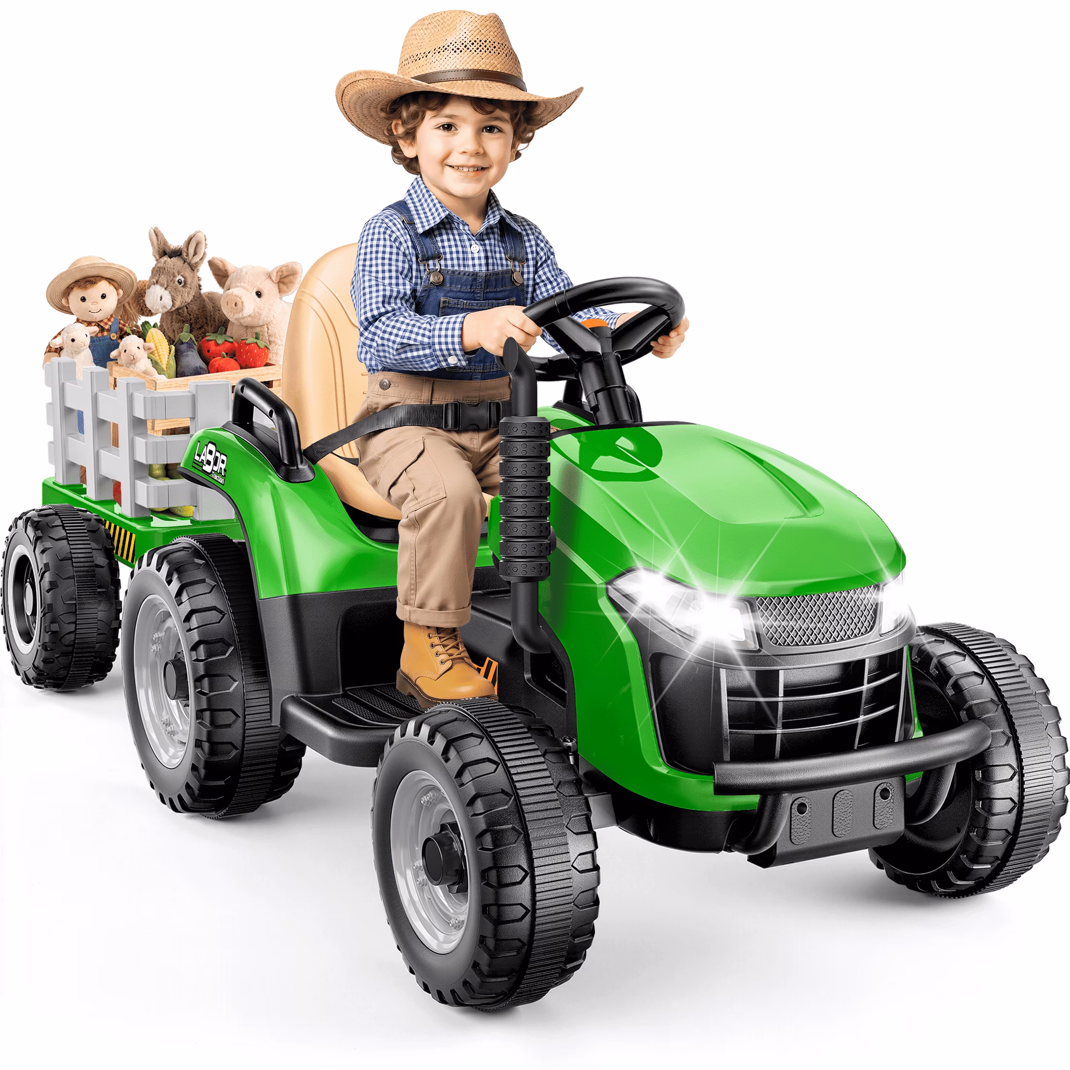 East doll 12V Ride On Tractor with Tiltable & Detachable Trailer, up to 3.3Mph Tractor with Parental Remote, Music Player, Bluetooth& Headlight, Ride On Toy for Kids Ages 2-5Y, Green