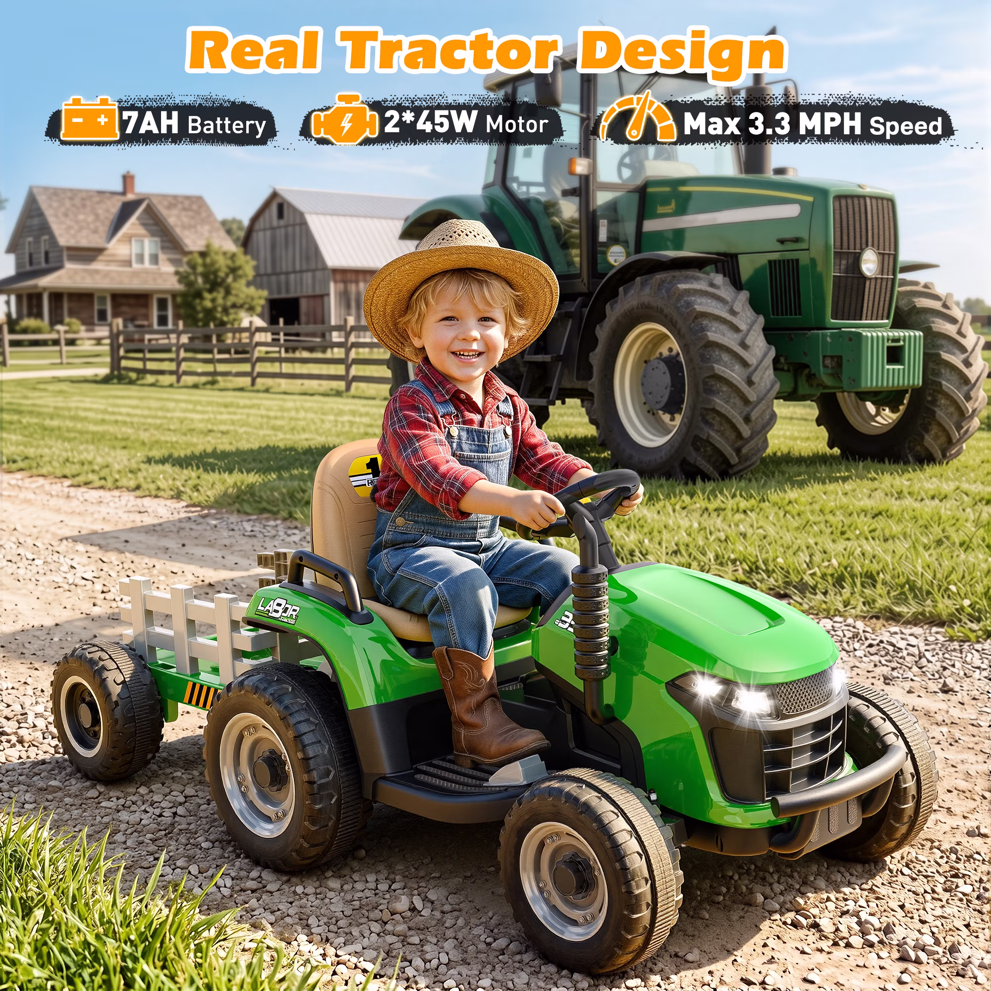 East doll 12V Ride On Tractor with Tiltable & Detachable Trailer, up to 3.3Mph Tractor with Parental Remote, Music Player, Bluetooth& Headlight, Ride On Toy for Kids Ages 2-5Y, Green - Image 5