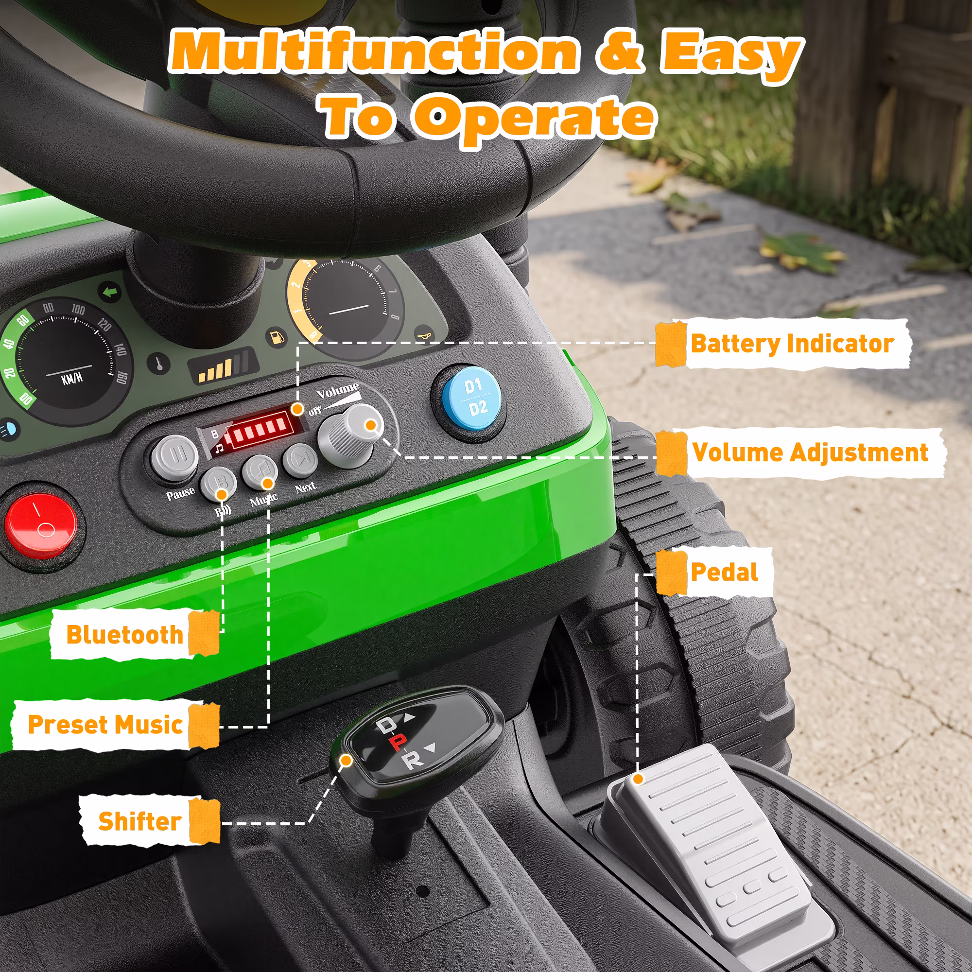 East doll 12V Ride On Tractor with Tiltable & Detachable Trailer, up to 3.3Mph Tractor with Parental Remote, Music Player, Bluetooth& Headlight, Ride On Toy for Kids Ages 2-5Y, Green - Image 4