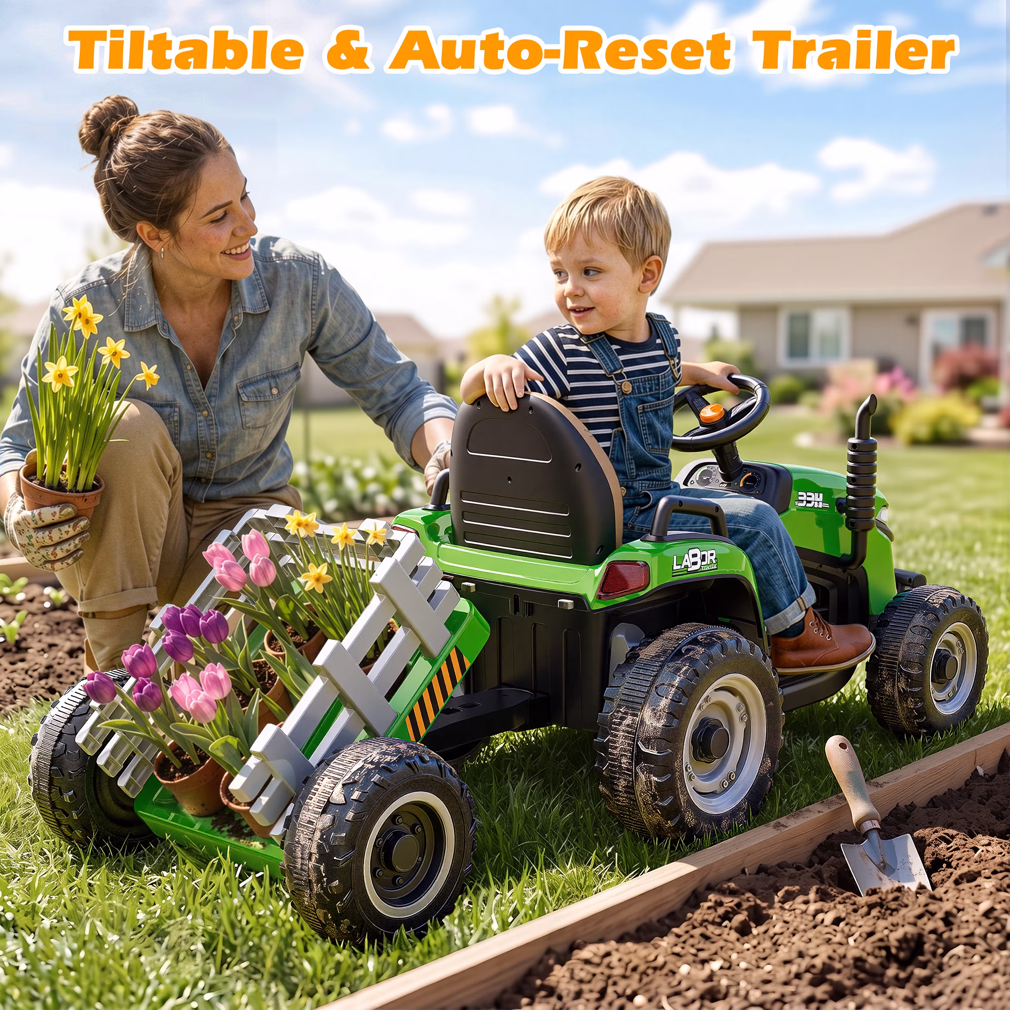 East doll 12V Ride On Tractor with Tiltable & Detachable Trailer, up to 3.3Mph Tractor with Parental Remote, Music Player, Bluetooth& Headlight, Ride On Toy for Kids Ages 2-5Y, Green - Image 2