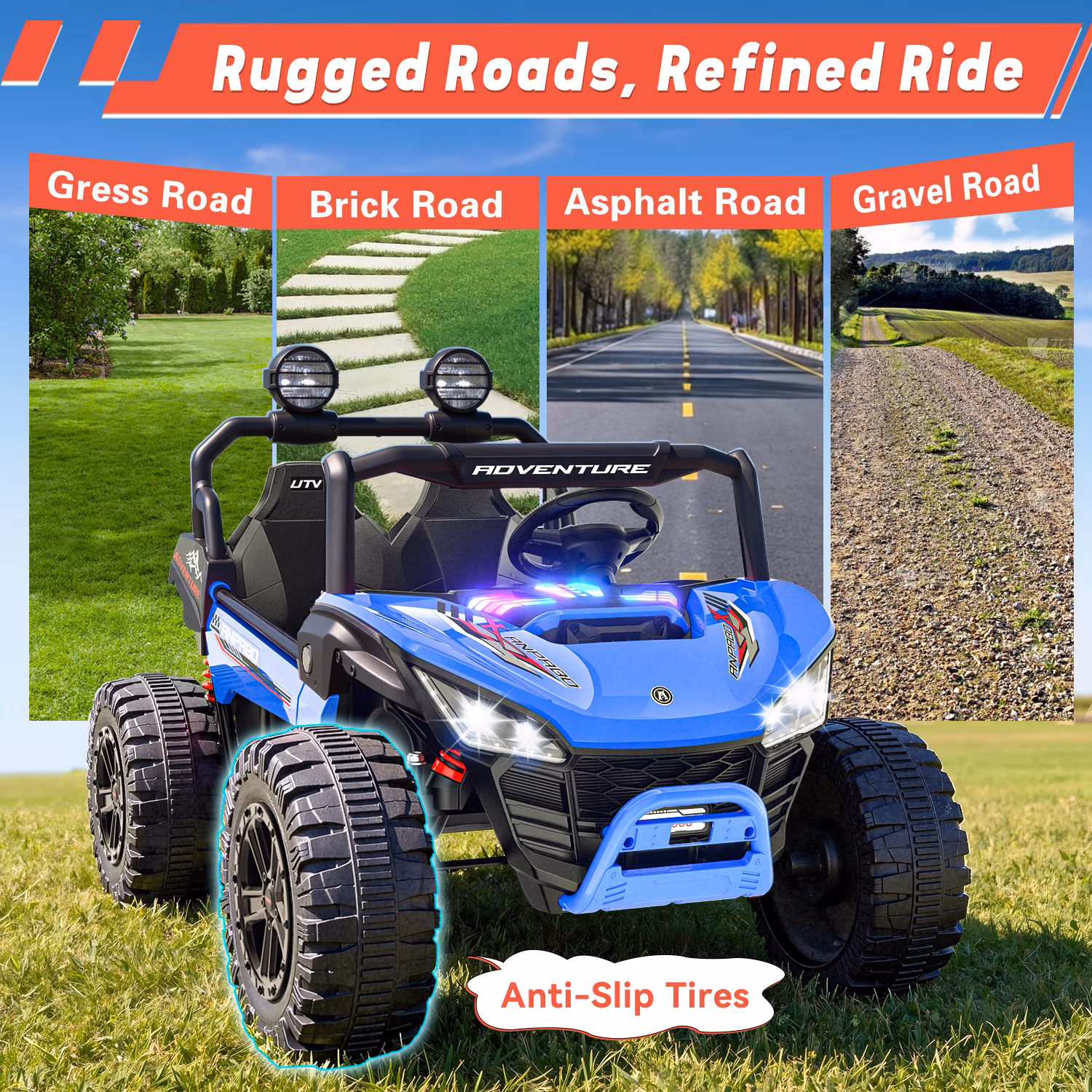 East doll 24V 4WD Ride on Toys with 2 XL Seater, Battey Powered Ride on Electric Car with Remote Control, UTV with 800W Motors, LED Lights, Spring Suspension, 3 Speeds, Bluetooth Music,Blue - Image 4