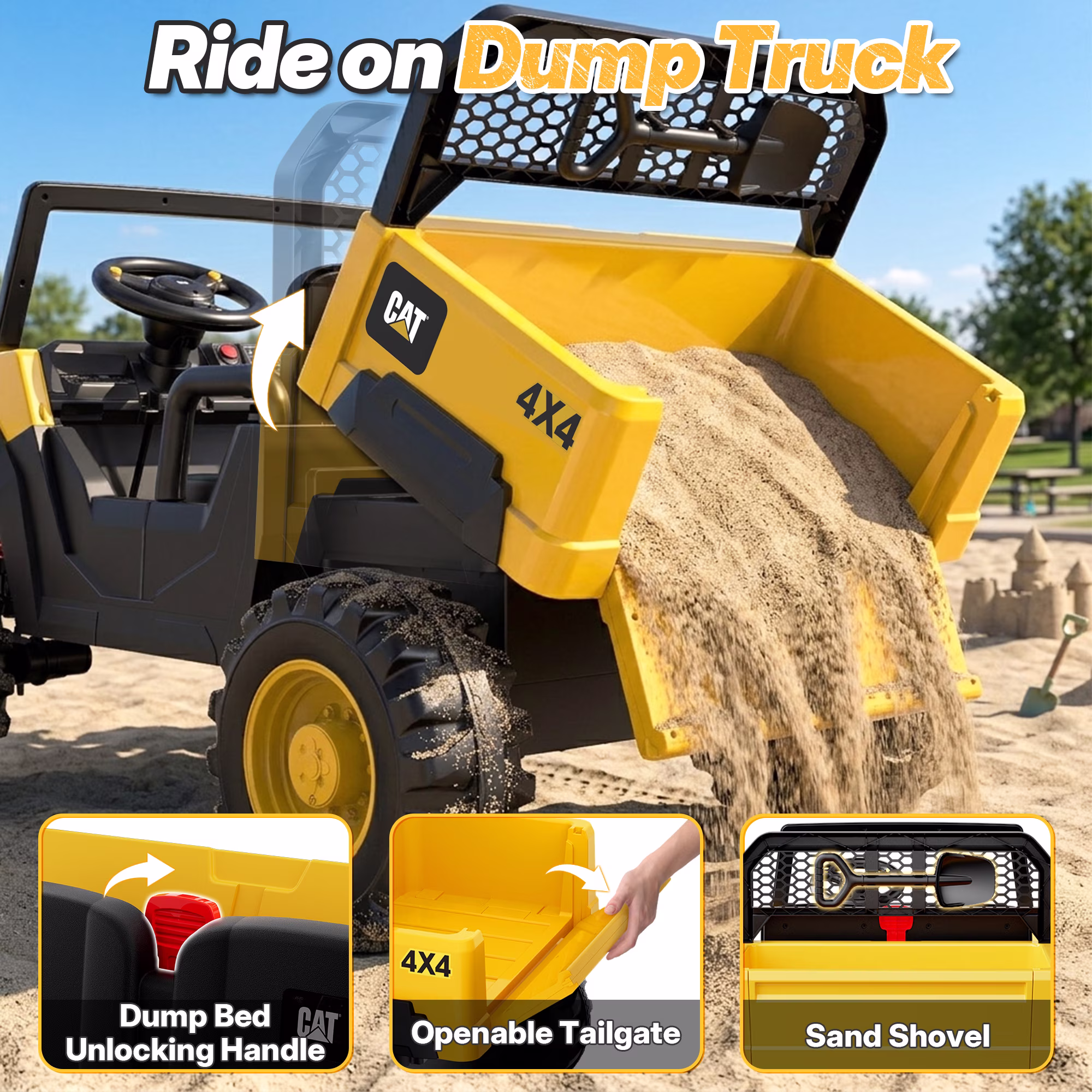 East doll 24V Ride on Dump Truck, Licensed Caterpillar 24 Volt Ride on Toy for Big Kids, 24V Power Ride Ons, 400W Powerful Wheels for Boys Girls, 2 Seater Ride on UTV Car, Aged 3-8Y, Yellow - Image 2