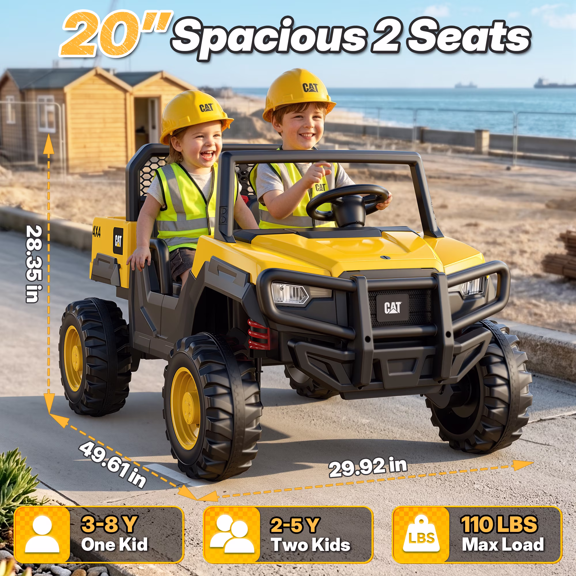 East doll 24V Ride on Dump Truck, Licensed Caterpillar 24 Volt Ride on Toy for Big Kids, 24V Power Ride Ons, 400W Powerful Wheels for Boys Girls, 2 Seater Ride on UTV Car, Aged 3-8Y, Yellow - Image 4