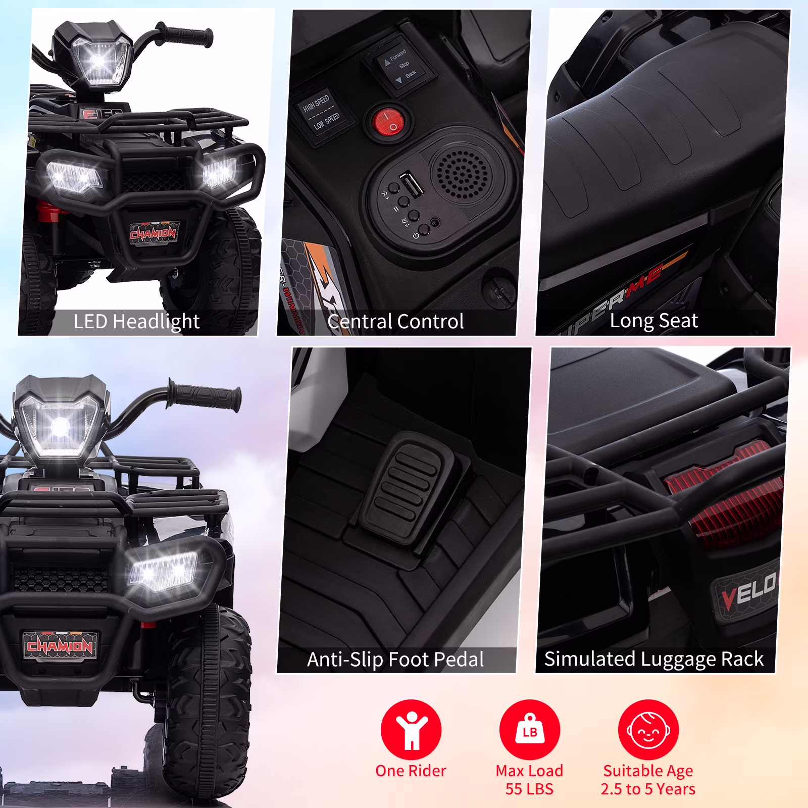 EastVita 12V Kids Ride on ATV, All Terrain Ride on Car for Toddlers, Ride on Electric Vehicle Toys with LED Light, Music, USB, for 3 Age +Child Gift - Image 4
