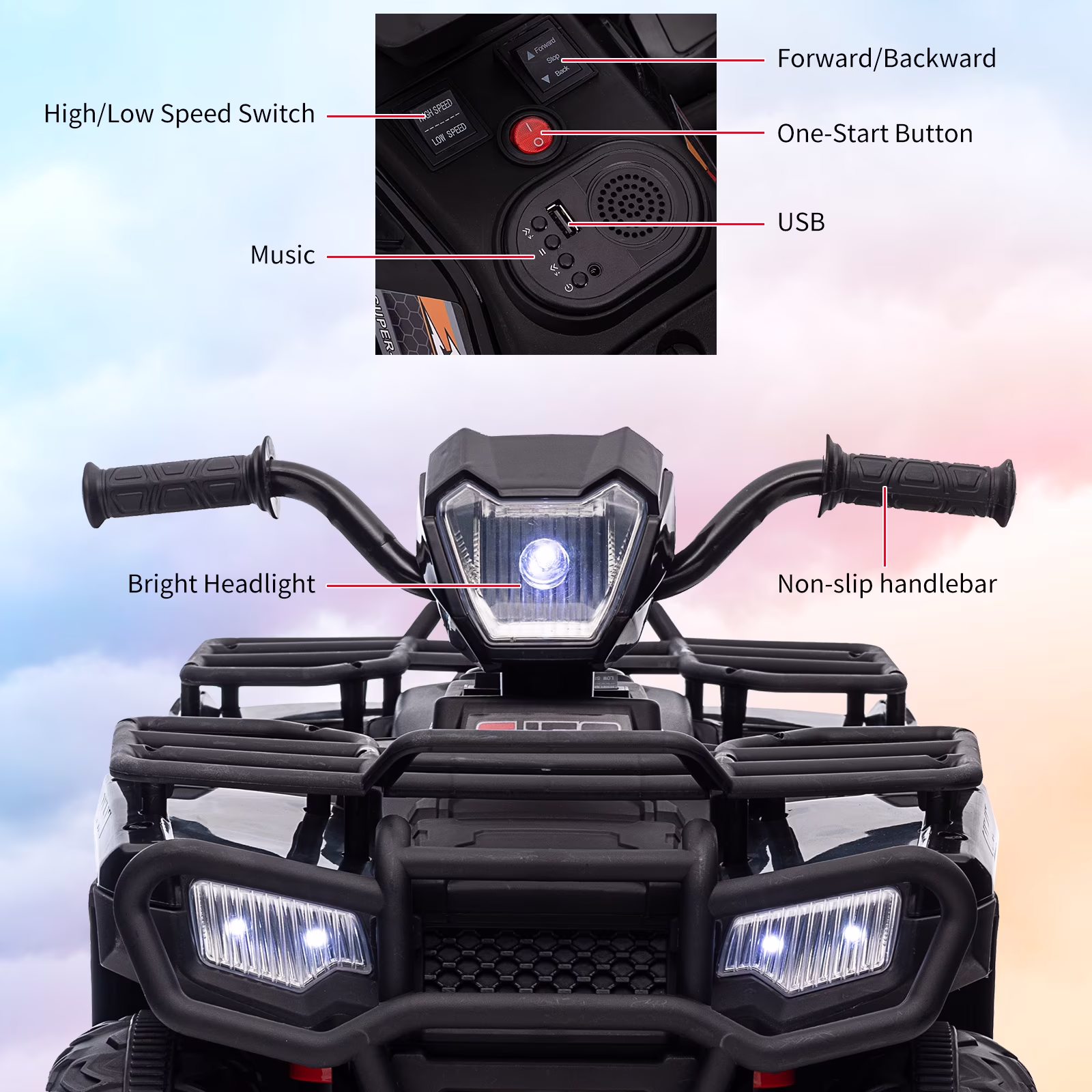 EastVita 12V Kids Ride on ATV, All Terrain Ride on Car for Toddlers, Ride on Electric Vehicle Toys with LED Light, Music, USB, for 3 Age +Child Gift - Image 5