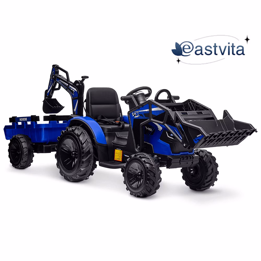 EastVita Kids 24V Ride on Toys Car Tractor, 2 in 1 Large Farm Tractors Excavator, EVA Tires, LED Lights, Music, USB for 3 Age +