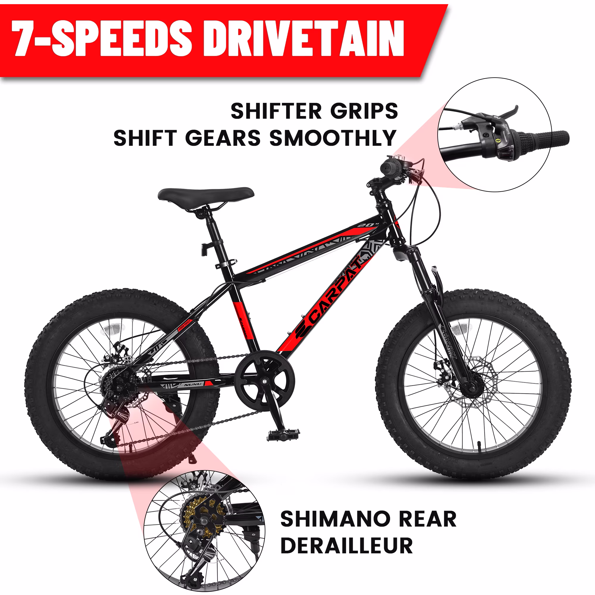 Ecarpat 20 Inch Fat Tire Kids Mountain Bike Shimano 7 Speed Dual Disc Front Suspension Bicycle for Boys Girls. - Image 5