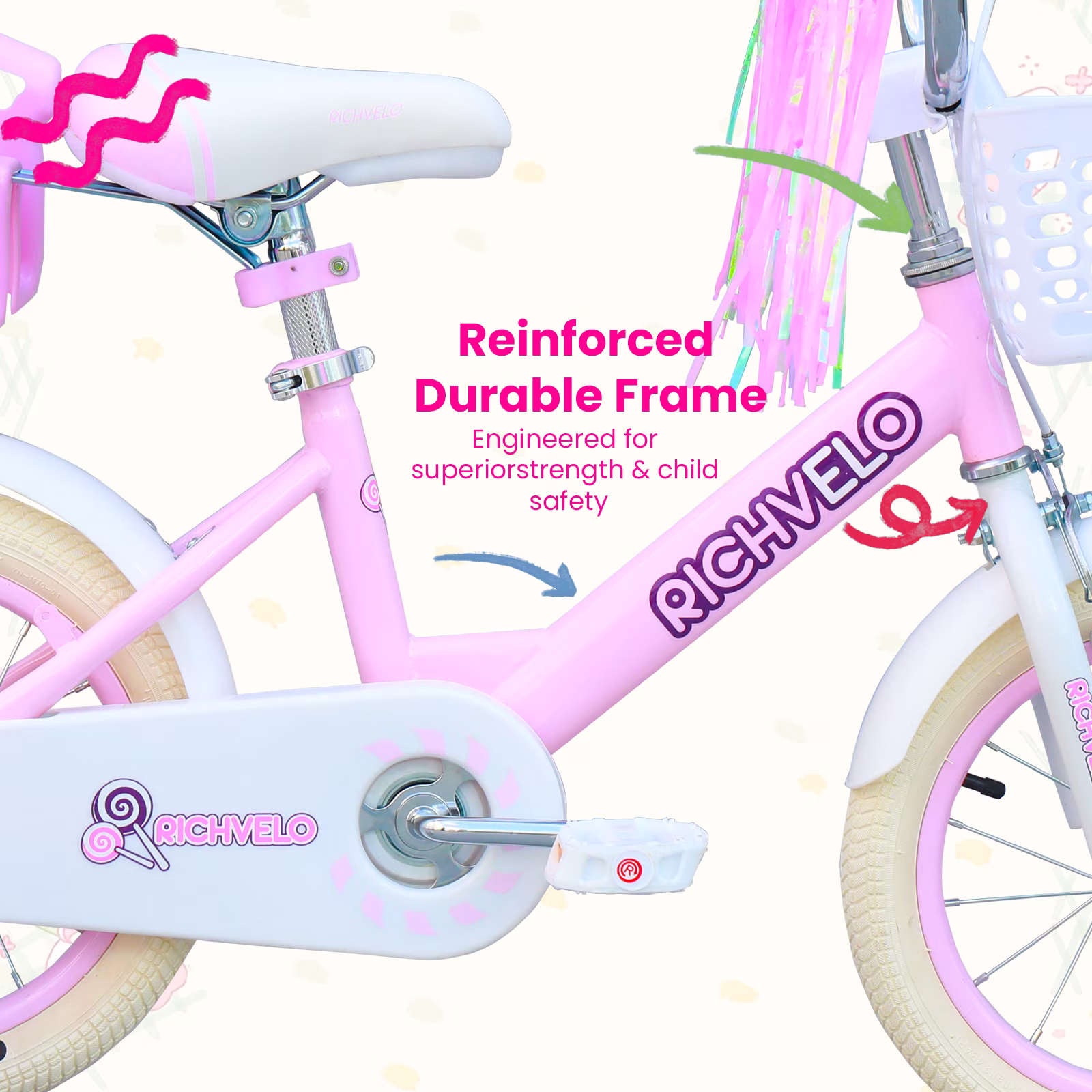 Ecarpat Girls Bike 14 Inch for 3-6 Years Old, Kids' Bicycle with Removable Training Wheels, Streamers, Basket and Doll Seat, Coaster Brake Children's Bicycle Birthday Gift for Boys Girls - Image 2