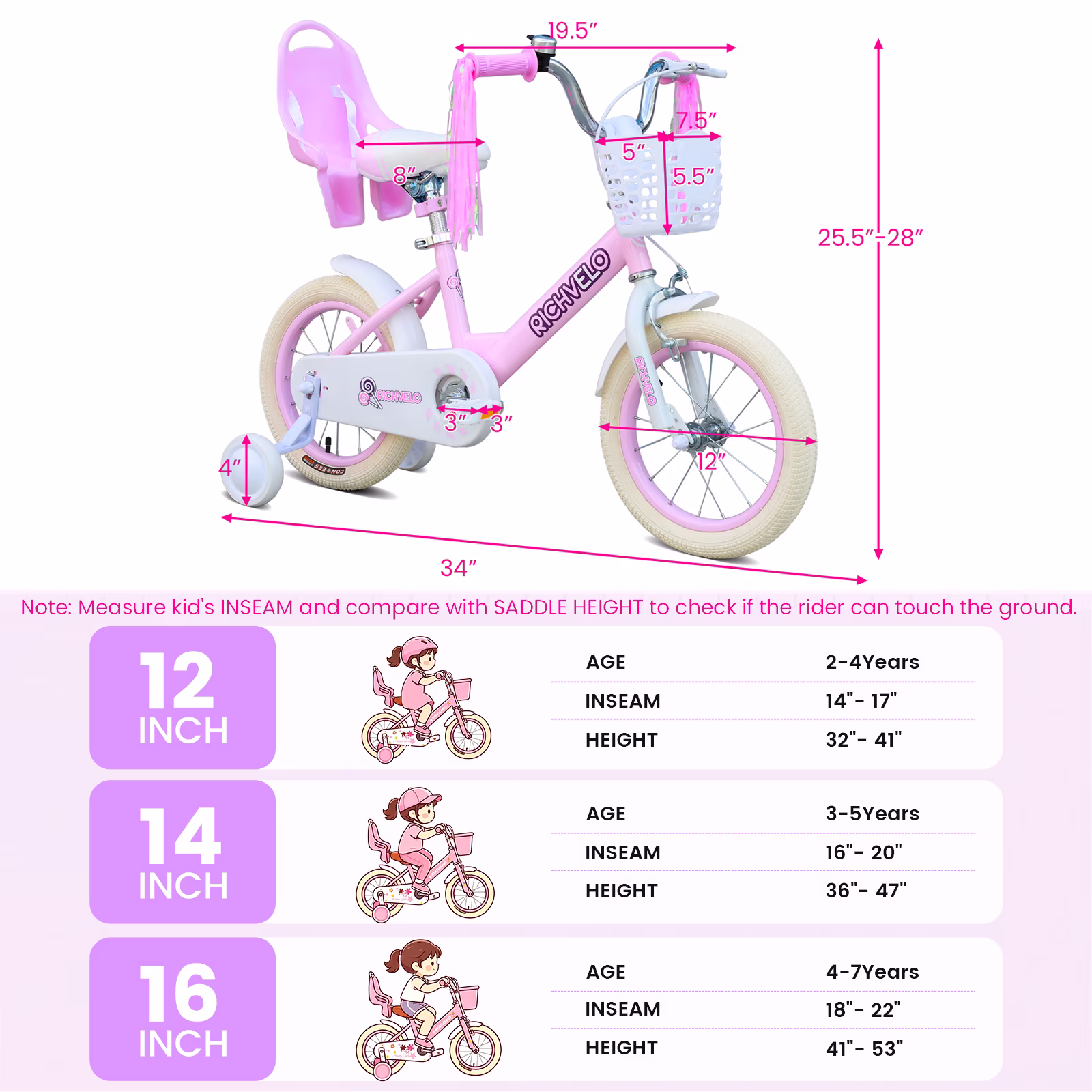 Ecarpat Girls Bike 14 Inch for 3-6 Years Old, Kids' Bicycle with Removable Training Wheels, Streamers, Basket and Doll Seat, Coaster Brake Children's Bicycle Birthday Gift for Boys Girls - Image 3