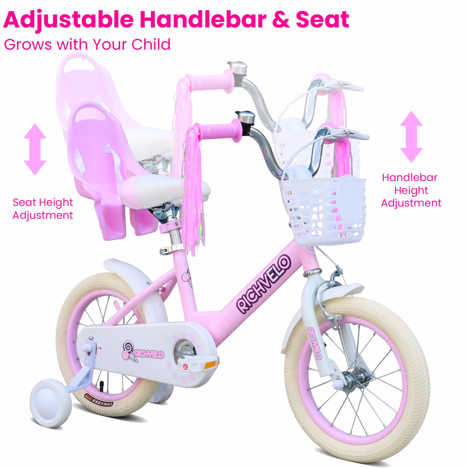 Ecarpat Girls Bike 14 Inch for 3-6 Years Old, Kids' Bicycle with Removable Training Wheels, Streamers, Basket and Doll Seat, Coaster Brake Children's Bicycle Birthday Gift for Boys Girls - Image 5