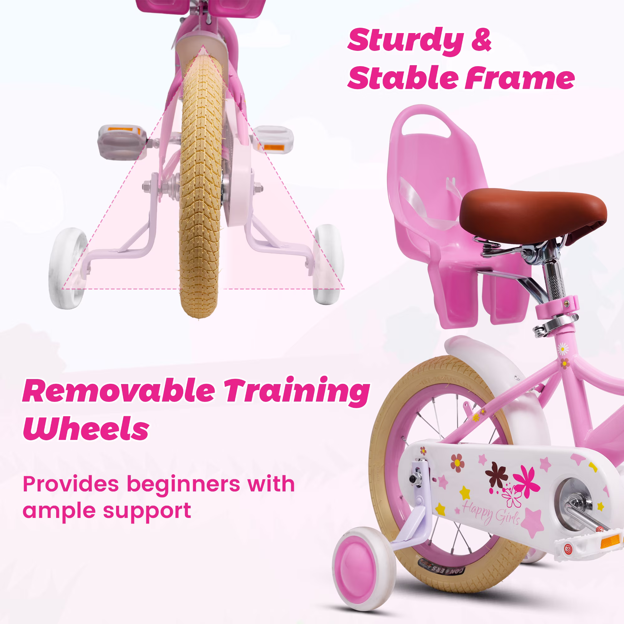 Ecarpat Girls Bike 16 Inch for 5-10 Years Old, Kids' Bicycle with Removable Training Wheels, Streamers, Basket and Doll Seat, Coaster Brake Children's Bicycle Birthday Gift for Boys Girls - Image 3