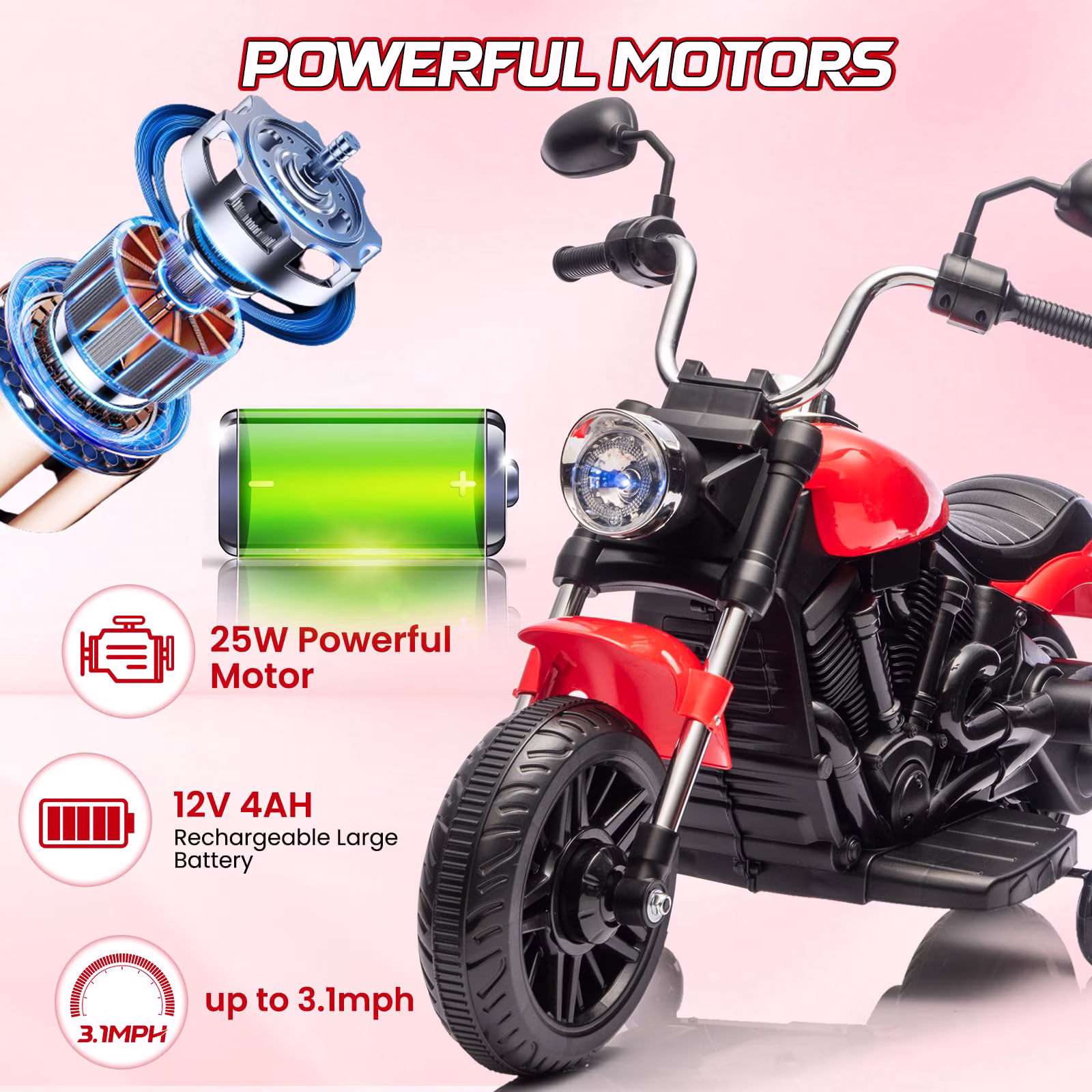 Electric Motorcycle for Kids 12V Bike Ride on Toy Battery Powered Motorbike Off-Road Motocross Kid Motorized Vehicles w/ 2 Speeds, 35W Dual Motors, Training Wheels,Reverse, Headlight, Horn & Music - Image 4