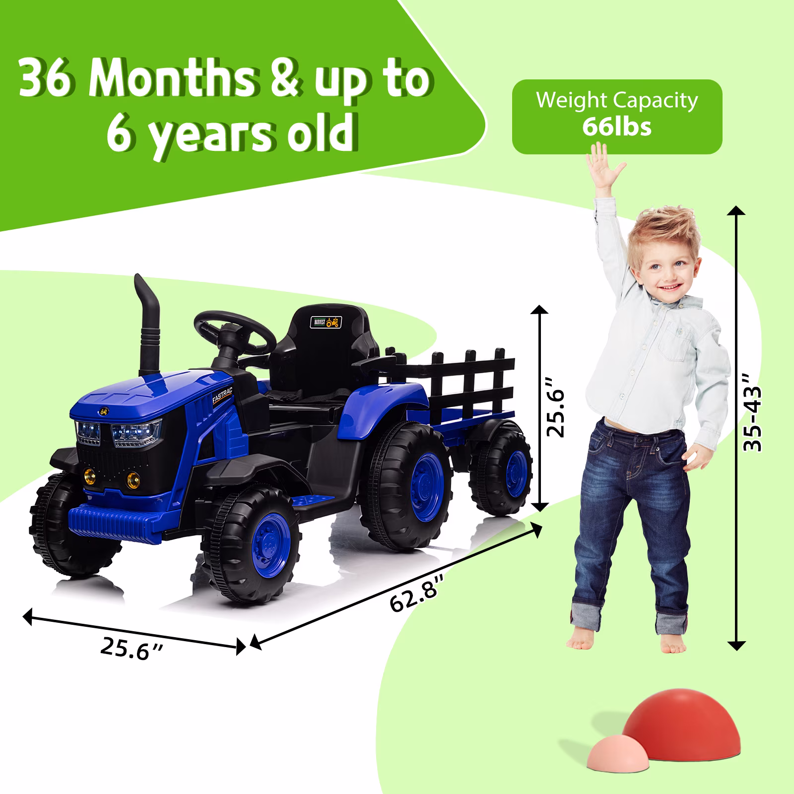 Electric Ride On Car Ride on Tractor with Garden cart Trailer, 12V Rechargeable Kids Vehicle, Remote Control for Parents, Foot Brake, Adjustable Belt, Protective armrests, Stable 6-Wheel Design - Image 3