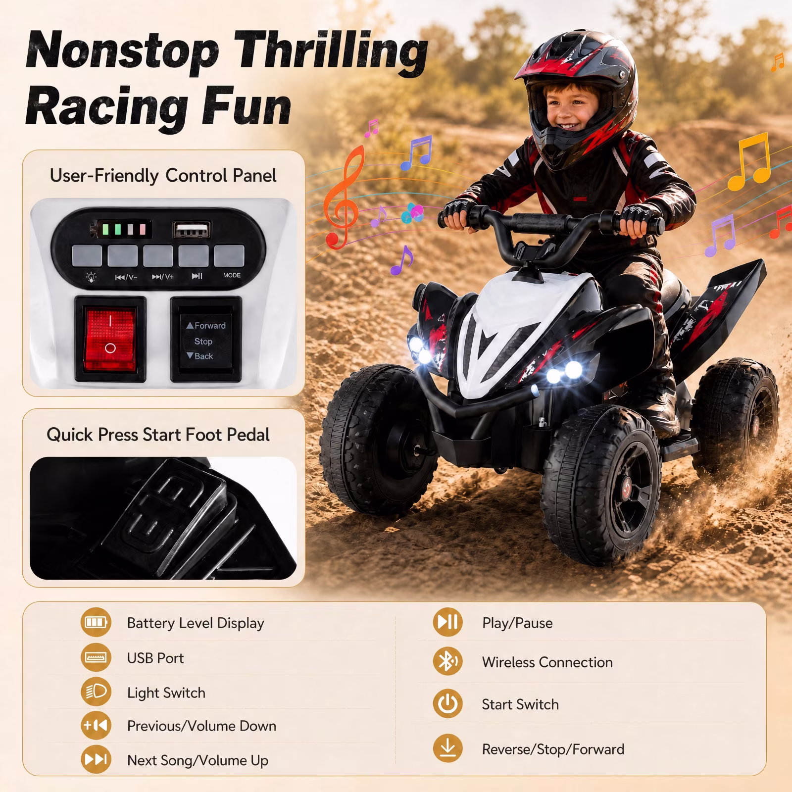 ELLEGNT 12V Kids Ride-On ATV Quad 4-Wheeler Toy with Music, Light, USB Port, Wireless Connection, One-Touch Start, Power Display, Battery Powered for Ages 3+, Black - Image 5