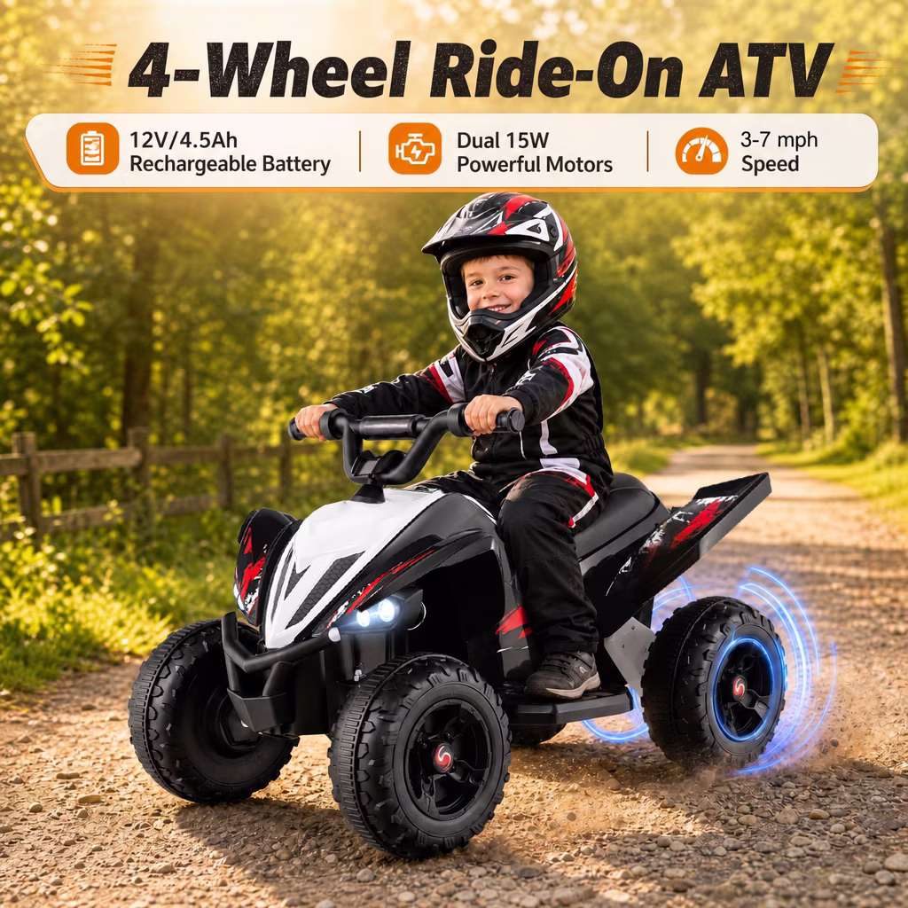 ELLEGNT 12V Kids Ride-On ATV Quad 4-Wheeler Toy with Music, Light, USB Port, Wireless Connection, One-Touch Start, Power Display, Battery Powered for Ages 3+, Black - Image 2